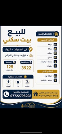 🏠 للبيع بيت سكني مميز  📍 الموقع: الصابيات – الرواد 🏫 مقابل مدرسة ابن ا...