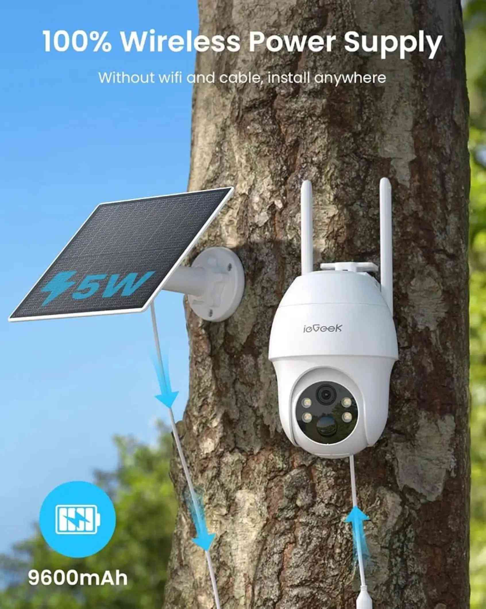 #creatorsearchinsights #1مليارمشاهده  اي جيك كاميرا مراقبة خلوية لاسلكية 4G LTE للاستخدام الخارجي، لا تعمل ببطارية واي فاي مع لوحة شمسية، رؤية ليلية ملونة 2K HD، صوت ثنائي الاتجاه، PTZ 360 درجة، مستشعر حركة PIR (بطاقة شريحة اتصال) السعر 75 لاحجز يرجى مراسلة الصفحة او واتساب على الرقم ***********

نص مكتوب في الصور:
- 100% Wireless Power Supply Without wifi and cable, install anywhere 5W 9600mAh
- Ideal for Outdoor Use
- IP65 Waterproof & Dustproof
- Rainy
- Snowing
- Hurricane
- 60°C
- -20°C
- 9.8FT
- Full field of view coverage 90° 4X 360°
- PIR Motion Detection Audible Alarms Light Alarms Audible and Light Alarms
- Live View & Two-Way Talk
- Is everything OK here?
- OK
- Built for All-Weather Protection IP65 Weatherproof Operating Temperature Range 122°F -4°F
- 4G LTE Camera No Wi-Fi Need SIM card (Inserted) & 7-Day Data Trial for testing T-Mobile AT&T verizon