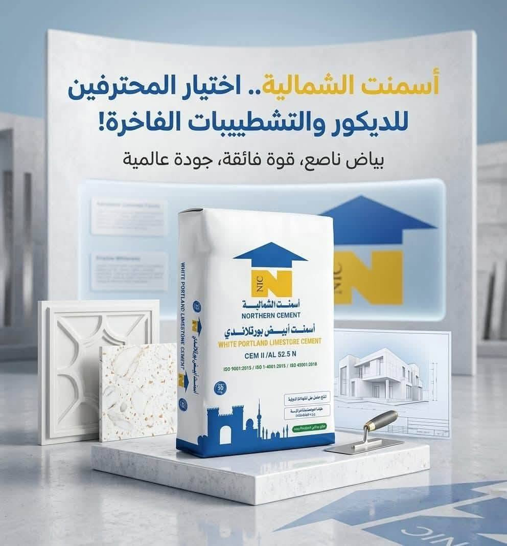 🔥 عرض قوي لاول مرة بالعراق تحمل اسمنت ابيض فل بالسايلو مباشر من المعمل 🔥
📢 إذا تستخدم سمنت أبيض بالإنتاج، هذا العرض إلك!

نوفر أسمنت الشمالـية – White Portland Limestone Cement
CEM II / AL 52.5 N 🇮🇶52.5 R

✅يتوفر تعبئة 50كغم وكذلك جامبو طن ونصف الطن 
✅ جودة ممتازة ومواصفات الاعلى 
✅ مناسب لمعامل اللواصق والكاشي والمنتجات الإسمنتية
✅ أسعار جملة ممتازة ومنافسة جدا
✅ تجهيز كميات كبيرة حسب الطلب للمعامل والتجار أسعار خاصة
✅المنتج حاصل على جميع الشهادات العالمية 

🚛 النقل والتجهيز حسب الاتفاق

📲 أي شخص يحتاج سمنت أبيض، تاجر، صاحب معمل لواصق، كاشي واصحاب السكلات ومحلات الانشائية —يتواصل ويانه مباشرة.

💰 السعر يختلف حسب الكمية، وكلما زادت الكمية يكون العرض أقوى.

لا تفوتك الفرصة… اسأل عن السعر اليوم وخلي شغلك علينا.
ذي قار قضاء النصر حي الصدرين 
***********
***********

نص مكتوب في الصور:
- أُسْمُتُ الشُّمَالِيَّة: الجُودَةُ الَّتِي تَبْنِي مُسْتَقْبَلَ العِرَاقَ من مصانعنا إلى مشاريعكم, أساس أقوى لعراق الغد
- أسمنت الشمالية.. اختيار المحترفين للديكور والتشطيبات الفاخرة! بياض ناصع، قوة فائقة، جودة عالمية
- أسمنت الشمالية - معيار الجودة للمشاريع الكبرى
- NORTHERN CEMENT - THE QUALITY STANDARD FOR PREMIER PROJECTS
- CEM II / AL 52.5 N
- قوة فائقة وأداء عالي
- ULTRA-HIGH STRENGTH &
- HIGH PERFORMANCE
- معتمد (9001, 14001, 45001)
- جودة وضمان عالمي
- ISO CERTIFIED (9001, 14001, 45001)
- - GLOBAL QUALITY & ASSURANCE
- فخر الصناعة العراقية
- PRIDE OF IRAQI INDUSTRY
- أسمنت أبيض بورتلاندي
- بياض ناصع وتشطيب مثالي
- WHITE PORTLAND CEMENT
- PURE WHITE & PERFECT FINISH
- للخرسانة الجاهزة
- والبناء الديكوري
- FOR READY-MIX & DECORATIVE CONSTRUCTION
- مطابق للمواصفات العراقية
- CONFORMS TO IRAQI SPECIFICATIONS