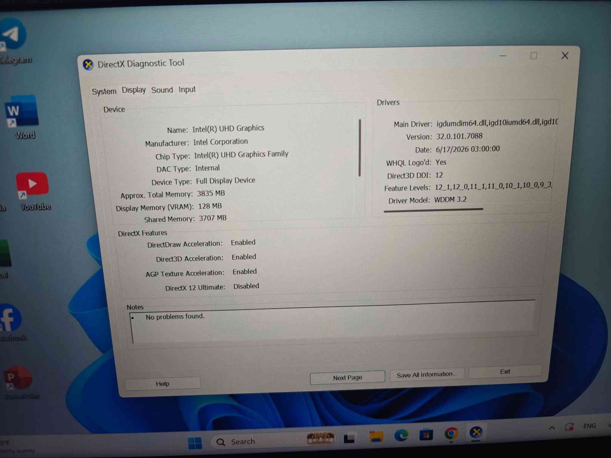 🔥 عرض خاص | قطعة واحدة فقط 
💻 Dell Latitude 5431 | الجيل 12

✨ مستخدم نضيف جداًالجيل 12 

💰 السعر: 410 الف فقط
💻 المواصفات: 
🔹 المعالج: Intel Core i5-1250P الجيل 12
🔹 12 نواة / 16 خيط معالجة
ا🔹الرام RAM: 8GB DDR5
🔹التخزين SSD: 256GB
🔹 كرت الشاشة: Intel UHD Graphics
🔹 الشاشة: 14 إنچ Full Hd 
🔹نظام التشغيل ويندوز 11 برو الاصلي 
✨ مناسب لـ:
📚 الدراسة والعمل
💼 Office والمحاسبة
💻 البرمجة
🌐 التصفح والإنترنت
🎨 التصميم والاستخدام اليومي

🎒 الملحقات: شاحن + جنطة
🛡️ ضمان لمدة 7 أيام
🚗 متوفر توصيل
📞 اتصال: ***********
📱واتساب : ***********

نص مكتوب في الصور:
- ياسر لابتوبات جودة عالية . أداء مضمون . أسعار منافسة بيع لابتوبات جديد و مستعمل خدمة ما بعد البيع دعم فني أسعار مناسبة تناسب الجميع ضمان على الأجهزة جودة مضمونة أجهزة مختيرة يوجد توصيل لكافة المناطق WhatsApp: *********** اتصال: ***********
- DirectX Diagnostic Tool System Display Sound Input This tool reports detailed information about the DirectX components and drivers installed on your system. If you know what area is causing the problem, click the appropriate tab above. Otherwise, you can use the "Next Page" button below to visit each page in sequence. System Information Current Date/Time: Monday, September 28, 2026, 5:32:08 PM Computer Name: DESKTOP-G2S56KJ Operating System: Windows 11 Pro 64-bit (10.0, Build 26200) Language: English (Regional Setting: English) System Manufacturer: Dell Inc. System Model: Latitude 5431 BIOS: 1.30.0 Processor: 12th Gen Intel(R) Core(TM) i5-1250P (16 CPUs), ~1.7GHz Memory: 8192MB RAM Page file: 6106MB used, 3164MB available DirectX Version: DirectX 12 Check for WHQL digital signatures DxDiag 10.00.26100.7920 64-bit Unicode Copyright (c) Microsoft. All rights reserved. Help Next Page Save All Information... Exit
- DirectX Diagnostic Tool
- System Display Sound Input
- Device
- Name: Intel(R) UHD Graphics
- Manufacturer: Intel Corporation
- Chip Type: Intel(R) UHD Graphics Family
- DAC Type: Internal
- Device Type: Full Display Device
- Approx. Total Memory: 3835 MB
- Display Memory (VRAM): 128 MB
- Shared Memory: 3707 MB
- Drivers
- Main Driver: igdumdim64.dll,igd10iumd64.dll,igd10
- Version: 32.0.101.7088
- Date: 6/17/2026 03:00:00
- WHQL Logo'd: Yes
- Direct3D DDI: 12
- Feature Levels: 12_1,12_0,11_1,11_0,10_1,10_0,9_3,
- Driver Model: WDDM 3.2
- DirectX Features
- DirectDraw Acceleration: Enabled
- Direct3D Acceleration: Enabled
- AGP Texture Acceleration: Enabled
- DirectX 12 Ultimate: Disabled
- Notes
- No problems found.
- Help
- Next Page
- Save All Information...
- Exit
- Task Manager Performance Run new task CPU 12th Gen Intel(R) Core(TM) i5-1250P % Utilization 100% 60 seconds 0 CPU 9% 1.57 GHz Memory 5.4/7.2 GB (75%) Disk 0 (C: D:) SSD (NVMe) 5% Wi-Fi Wi-Fi S: 16.0 R: 704 Kbps GPU 0 Intel(R) UHD Graphics 1% Utilization 9% Speed 1.57 GHz Processes 206 Threads 3144 Handles 95853 Up time 0:02:25:55 Base speed: 1.70 GHz Sockets: 1 Cores: 12 Logical processors: 16 Virtualization: Enabled L1 cache: 1.1 MB L2 cache: 9.0 MB L3 cache: 12.0 MB
- Task Manager
- Performance
- Run new task
- CPU
- 9% 1.58 GHz
- Memory
- 5.4/7.2 GB (75%)
- Disk 0 (C: D:)
- SSD (NVMe)
- 7%
- Wi-Fi
- S: 0 R: 1.0 Mbps
- GPU 0
- Intel(R) UHD Graphics
- 1%
- Memory usage
- 8.0 GB
- 7.2 GB
- 60 seconds
- 0
- Memory composition
- In use (Compressed)
- 5.4 GB (284 MB)
- Available
- 1.8 GB
- Speed:
- 4800 MT/s
- Slots used:
- 1 of 2
- Form factor:
- SODIMM
- Hardware reserved:
- 778 MB
- Committed
- 6.0/9.1 GB
- Cached
- Paged pool
- 455 MB
- Non-paged pool
- 377 MB
- 95°F
- Partly sunny
- Search
- Dell 5431
- This PC
- Network
- Recycle Bin
- Control Panel
- Adobe Acrobat
