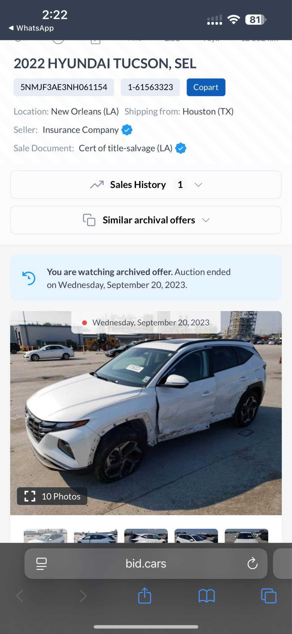 Hyundai Tucson SEL 2022 ✔️
هيونداي توكسون اس اي ال ٢٠٢٢

لون ابيض و فول مواصفات ⭐️

نص بابين صبغ بدون دواخل بدون ارباك 👌
٣٨ الف ميل ماشية "ماشية قليل"
مكان خمس اصابع و مكان شبر pdr
رقم شاصي بالصور

فول مواصفات SEL ⚡️
بصمة و شغال و سلايت و كيج التروني و رادار ٣٦٠ درجة و حساس ٣٦٠ درجة و بريك بصمة و ويل كروم و شاشة و كاميرة و بريك بصمة و كشنات هيتر و كهربائي...

كير محرك كهربائيات تبريد شرط 💯
رادار و حجر و راديتر و كل شي شركة 💯

سعر 🔥 172 ورقة و مجال بسيط
مكان عقرة "ئاکرێ"
واتس اب و كورك ***********
0️⃣7️⃣5️⃣0️⃣7️⃣7️⃣3️⃣9️⃣4️⃣7️⃣1️⃣ أربيل, العراق

نص مكتوب في الصور:
- 2:22 WhatsApp 81 2022 HYUNDAI TUCSON, SEL 5NMJF3AE3NH061154 1-61563323 Copart Location: New Orleans (LA) Shipping from: Houston (TX) Seller: Insurance Company Sale Document: Cert of title-salvage (LA) Sales History 1 Similar archival offers You are watching archived offer. Auction ended on Wednesday, September 20, 2023. Wednesday, September 20, 2023 10 Photos bid.cars