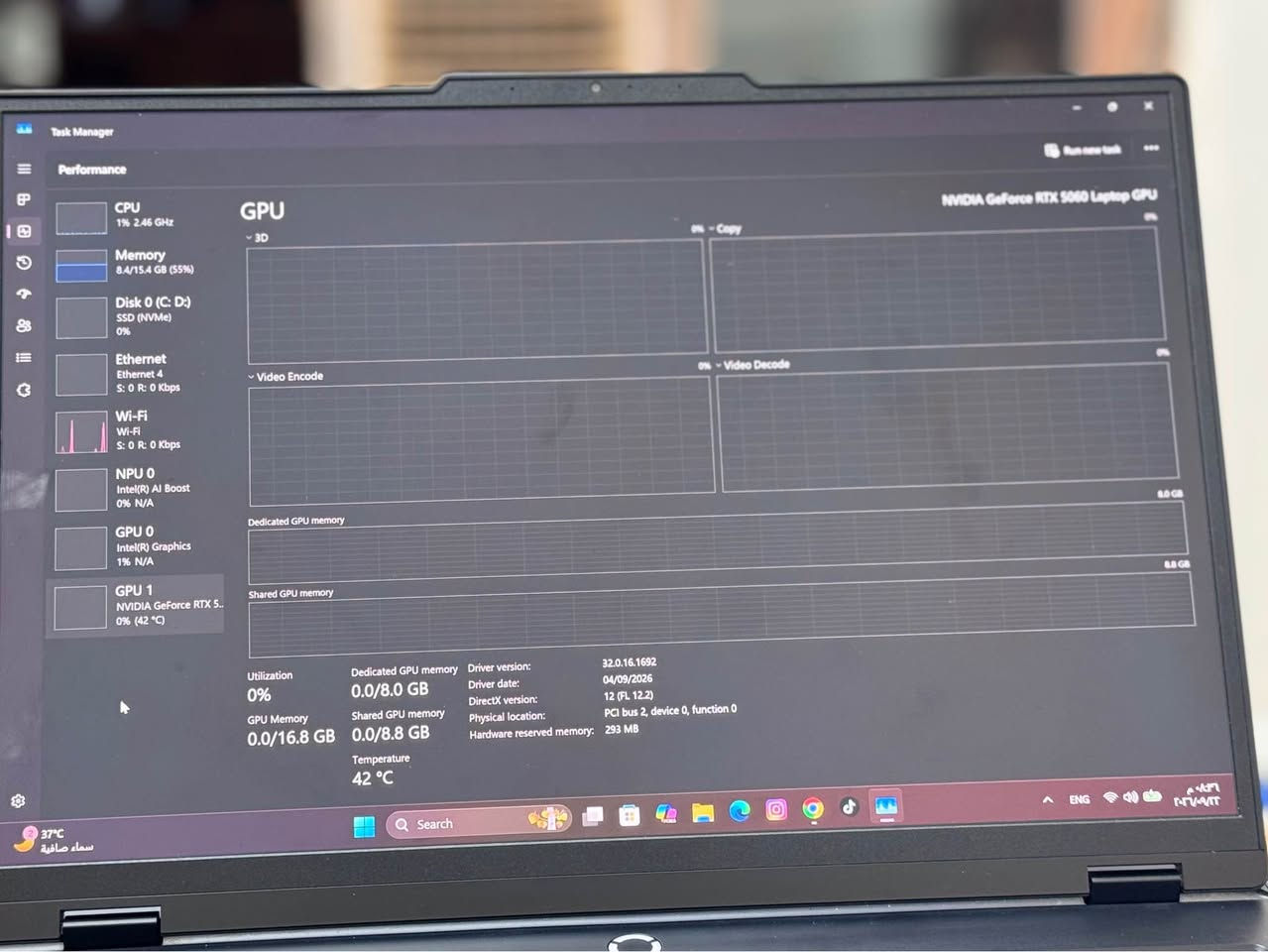 🔥 وصل الوحش… Lenovo Legion 5 Pro 🔥
إذا تريد جهاز يجمع القوة، الفخامة، والأداء العالي، فهذا الـ Legion 5 Pro حاضر بكل ثقله: Intel Core Ultra 7 255HX، رام 16GB DDR5 بسرعة 5600MT/s، تخزين 1TB SSD، وكرت شاشة NVIDIA GeForce RTX 5060 8GB GDDR7 بقدرة 115W 🚀🎮، مع شاشة OLED Real Black بألوان عميقة وتفاصيل خرافية، ونظام صوت Harman Audio، وشاحن أصلي قوي 245W ⚡.

💻 Lenovo Legion 5 Pro — جهاز مصمم للألعاب الثقيلة، التصميم، المونتاج، البرمجة وصناعة المحتوى، وبأداء يخليك تعتمد عليه بكل شغلك؛ متوفر لدى مكت التقني للحاسبات 📍 النجف الأشرف – حي الغري – شارع الأربع شوارع – قرب ماستر جم، 📞 *********** — جهاز واحد… قوة Legion كاملة. 🔥 النجف, العراق

نص مكتوب في الصور:
- System > About Storage 954 GB 723 GB of 954 GB used Graphics Card 8 GB Multiple GPUs installed Installed RAM 16.0 GB Speed: 5600 MT/s Processor Intel(R) Core(TM) Ultra 7 255HX 2.40 GHz Rename this Copy DESKTOP-7H9TEFE 83F3 Copy Device specifications Device name DESKTOP-7H9TEFE Processor Intel(R) Core(TM) Ultra 7 255HX (2.40 GHz) Installed RAM 16.0 GB (15.4 GB usable) Device ID 47FEA53D-414F-432E-A230-5DDC52DB3D7C Product ID 00331-10000-00000-AA074 System type 64-bit operating system, x64-based processor Pen and touch No pen or touch input is available for this display Related links Domain or workgroup System protection Advanced system settings Copy Windows specifications Edition Windows 11 Pro Version 25H2 Installed on ENG
- Task Manager Performance CPU 1% 2.46 GHz Memory 8.4/15.4 GB (55%) Disk 0 (C: D:) SSD (NVMe) 0% Ethernet Ethernet 4 S: 0 R: 0 Kbps Wi-Fi Wi-Fi S: 0 R: 0 Kbps NPU 0 Intel(R) AI Boost 0% N/A GPU 0 Intel(R) Graphics 1% N/A GPU 1 NVIDIA GeForce RTX 5... 0% (42 °C) GPU 3D Video Encode Video Decode Dedicated GPU memory Shared GPU memory Utilization 0% GPU Memory 0.0/16.8 GB Dedicated GPU memory 0.0/8.0 GB Shared GPU memory 0.0/8.8 GB Temperature 42 °C Driver version: 32.0.16.1692 Driver date: 04/09/2026 DirectX version: 12 (FL 12.2) Physical location: PCI bus 2, device 0, function 0 Hardware reserved memory: 293 MB NVIDIA GeForce RTX 5060 Laptop GPU Run new task 37°C سماء صافية ENG