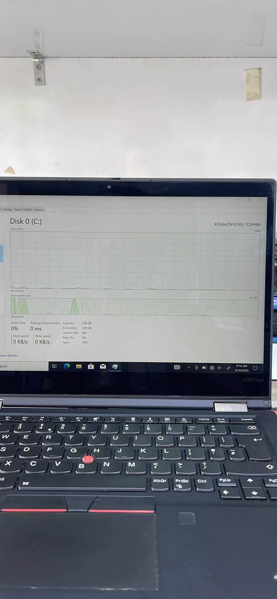 لابتوب لينوفو يوغا 
YOGA X390
CORE i7 intel 
generation 8
RAM 16 
HARD SSD 256GB 
رقم الهاتف : *********** 
يوجد توصيل لجميع محافظات العراق أربيل, العراق

نص مكتوب في الصور:
- Startup Users Details Services Memory Memory usage 16.0 GB 15.8 GB 60 seconds Memory composition In use (Compressed) Available Speed 2400 MHz 1.8 GB (25.1 MB) 14.0 GB Slots used: 2 of 2 Form factor: SODIMM Committed Cached Hardware reserved: 218 MB 1.8/18.7 GB 337 MB Paged pool Non-paged pool 116 MB 107 MB curce Monitor arch 9:14 AM 9/30/2026 X390 Yoga
- Startup Users Details Services Disk 0 (C:) KXG6AZNV256G TOSHIBA Active time 100% 60 seconds 0 60 seconds Disk transfer rate 100 KB/s Active time 0% Average response time 0 ms Read speed 0 KB/s Write speed 0 KB/s Capacity: 239 GB Formatted: 239 GB System disk: Yes Page file: Yes Type: SSD source Monitor 9:14 AM 9/30/2026 X390 Yoga