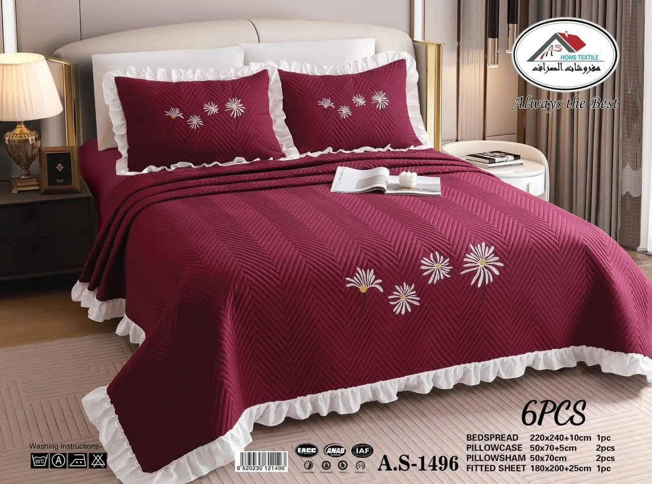 #شرح_الايتم غطوة نفرين صيفي مخسف على الوجهين ثقيلة جدا تتكون من 6 قطع خامة القماش تكون قطن صافي كوالتي جدا عالي من شركة الصراف A.S
🔹️ قياس الغطوة  -  240 * 220
🔹️ قياس الشرشف - 25 + 200 * 180 
🔹️ قياس وجة المخدة الصادة التطريز  - 70 * 50 
🔹️قياس وجة المخدة الصادة العسلي - 70 * 50  

 #ضمان_لحقوق_زبائننا_الكرام اذ كان الايتم مخالف للصورة و الموصفات المعروضة من حق زبائننا الكرام رفض المنتج و عدم دفع خدمة التوصيل

#لمعرفة_المزيد_ يرجى مراسلة الصفحة او الاتصال عبر ارقامنا 
واتساب _ ***********  تليكرام _ *********** 
الاتصال _ *********** 

#عنواننا _ موصل - حي سومر - بداية التقاطع الاول - مقابل دار المصطفى للاجهزة الكهربائية - اهلا وسهلا بالجميع 

#لتأكيد_الطلب  🎯 الرجاء ترك العنوان + اقرب نقطة دالة ؟ 🏡 ، رقم الموبايل ؟ شكرا” لاختياركم  🌹

#خدمة_التوصيل يوجد خدمة توصيل كافة محافظات العراق

@أبرز المعجبين

نص مكتوب في الصور:
- AS HOME TEXTILE مفروشات الصرافة Always the Best 6PCS BEDSPREAD 220x240+10cm 1pc PILLOWCASE 50x70+5cm 2pcs PILLOWSHAM 50x70cm 2pcs FITTED SHEET 180x200+25cm 1pc A.S-1496
- AS HOME TEXTILE
- مفروشات الصراف
- Always the Best
- 6PCS
- BEDSPREAD 220x240+10cm 1pc
- PILLOWCASE 50x70+5cm 2pcs
- PILLOWSHAM 50x70cm 2pcs
- FITTED SHEET 180x200+25cm 1pc
- A.S-1496
- AS HOME TEXTILE مفروشات الصرافة Always the Best 6PCS Washing Instructions BEDSPREAD 220x240+10cm 1pc PILLOWCASE 50x70+5cm 2pcs PILLOWSHAM 50x70cm 2pcs FITTED SHEET 180x200+25cm 1pc A.S-1496 EACC ANAB IAF