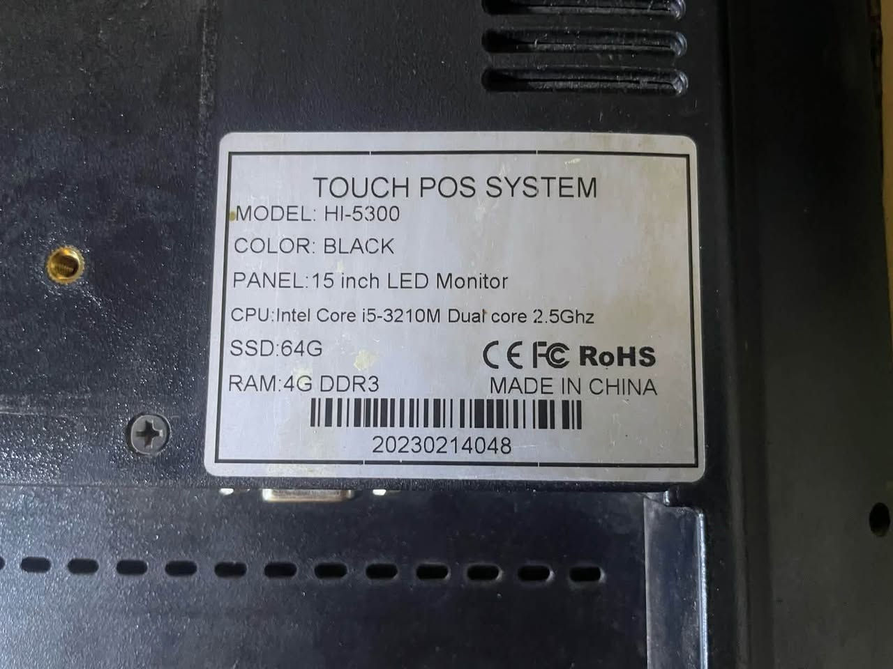 النوع: Touch POS System
• الموديل: HI-5300
• اللون: أسود 
• الشاشة: 15 بوصة LED (تعمل باللمس)
• المعالج (CPU): Intel Core i5-3210M
• ثنائي النواة (Dual Core)
• سرعة 2.5GHz
• الذاكرة (RAM): 4 جيجابايت DDR3
• التخزين: SSD بسعة 64 جيجابايت
عنواني الدوره شارع ابو طياره ***********
