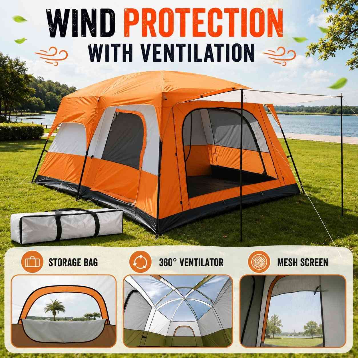 خيمة اوتاد قياسهه 320 في 220 جديده غير مستخدمه السعر 135 الف

نص مكتوب في الصور:
- CAMPING DOME TENT A Yellow Short B Gray diagonal pole C Tent four- corner pole D Middle pole of tent A Tent rail F Door Stay Spacious Interior Excellent Ventilation Sturdy Structure Easy to Carry
- WIND PROTECTION WITH VENTILATION STORAGE BAG 360° VENTILATOR MESH SCREEN
- SPACIOUS & COMFORTABLE - PERFECT FOR FAMILY ADVENTURES - Spacious 5-9 People Capacity Sturdy Strong & Reliable Structure Excellent Ventilation Weather Resistant Easy to Carry Storage Bag Included Large Space 360° Ventilation Weather Resistant Mesh Windows Easy to Carry
- S:320*220*195cm Suitable for 5-8 person