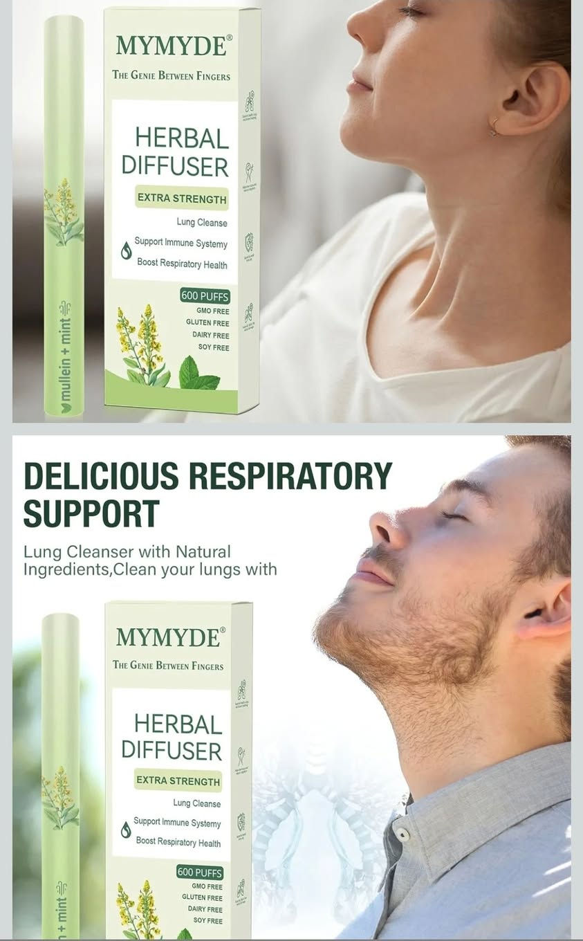 متوفر. جمله ومفرد

نص مكتوب في الصور:
- Mullein is an active ingredient to promote clearer breathing. Thyme can purify the air and make breathing smoother. Mint helps ease breathing discomfort and soothe throat and lungs. Supports healthy lungs and clearer breathing Helps clear mucus and reduce congestion Supports overall immunity Naturally fights free radical damage DELICIOUS RESPIRATORY SUPPORT Lung Cleanser with Natural Ingredients,Clean your lungs with
- DELICIOUS RESPIRATORY SUPPORT
- Lung Cleanser with Natural Ingredients,Clean your lungs with
- MYMYDE The Genie Between Fingers HERBAL DIFFUSER EXTRA STRENGTH Lung Cleanse Support Immune Systemy Boost Respiratory Health 600 PUFFS GMO FREE GLUTEN FREE DAIRY FREE SOY FREE mullein + mint SUPPLEMENT FACTS Serving Size: 10 Uses Servings Per Unit: Up to 60 Mullein 575mg 16% Thyme 250mg 10%