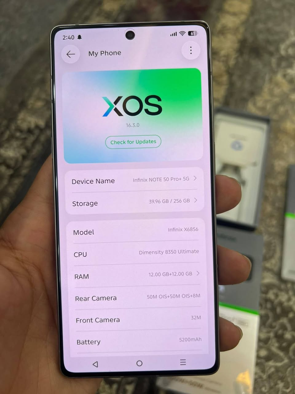 Infinix note 50 pro plus 5g

کامل ئەشیا +وایەلێس چارج
پاتری 99
ڕام 12+12 و  256گێگا
زەمانی شەریکەی ماوە
%99خاوێن .نەکراوە بێ عەیب بەزەمان 
پاتری ٥٢٠٠ و 100وات فاستچارج
کامێرا 50mp.   100X ZOOM.  Video 4k 60fps
selfi 32 mp . Video 4k
 شاشەیەکی زۆر نایابی amolid 144 hz
ip65  دژە ئاو
PUBG   120FPS 

نرخ  290دۆلارقفل  معاملەی نیە 

*********** وەتسئەپ
گەیاندن بەردەستە أربيل, العراق

نص مكتوب في الصور:
- 2:40 61 My Phone XOS 16.3.0 Check for Updates Device Name Infinix NOTE 50 Pro+ 5G Storage 39.96 GB / 256 GB Model Infinix X6856 CPU Dimensity 8350 Ultimate RAM 12.00 GB+12.00 GB Rear Camera 50M OIS+50M OIS+8M Front Camera 32M Battery 5200mAh
- 2:40 61 Battery Health Maximum Battery Capacity 99% This is relative to the capacity of the battery when it was new. The higher the value, the longer the battery life. Batteries are consumable components. How to Extend Battery Lifespan AI Charging Protection By learning your charging routine, the battery will be temporarily charged to 80% during long-term charging. Custom Charging Protection When charging for a long time, you can set the maximum charge level to avoid leaving the battery 100% charged for a long time.