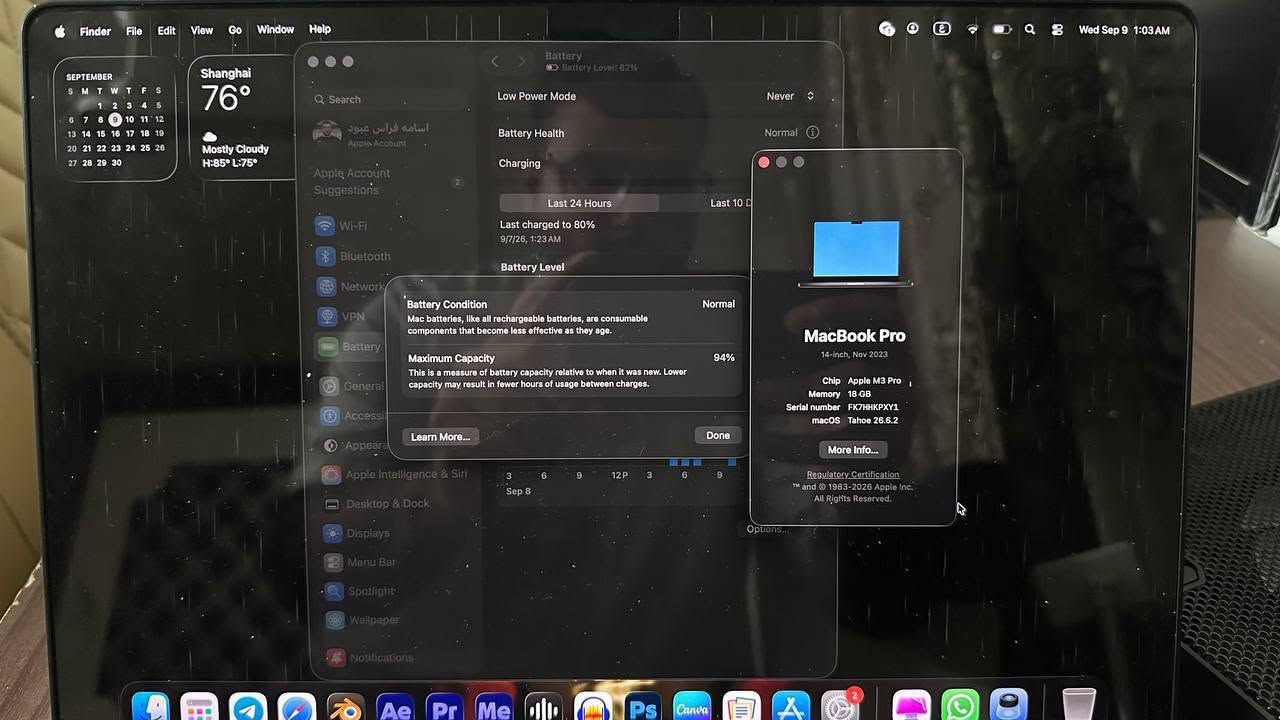 السلام عليكم MacBook Pro M3 pro
Size: 14 inch
Chip: M3 pro
Ram: 18
Storage: 512gb
Battery: 94, تقريبا 400 دورة
Colour: Space Black
حالة الجهاز ممتازة ونظيف جدا  والباكيت والشاحن الاصليات متوفرة 
ويجي مع الجهاز كفر حماية ولزقة شاشة و حماية للكيبورد تحتوي الحروف العربية 
الجهاز سعر مليونين و300
*********** واتس فقط

