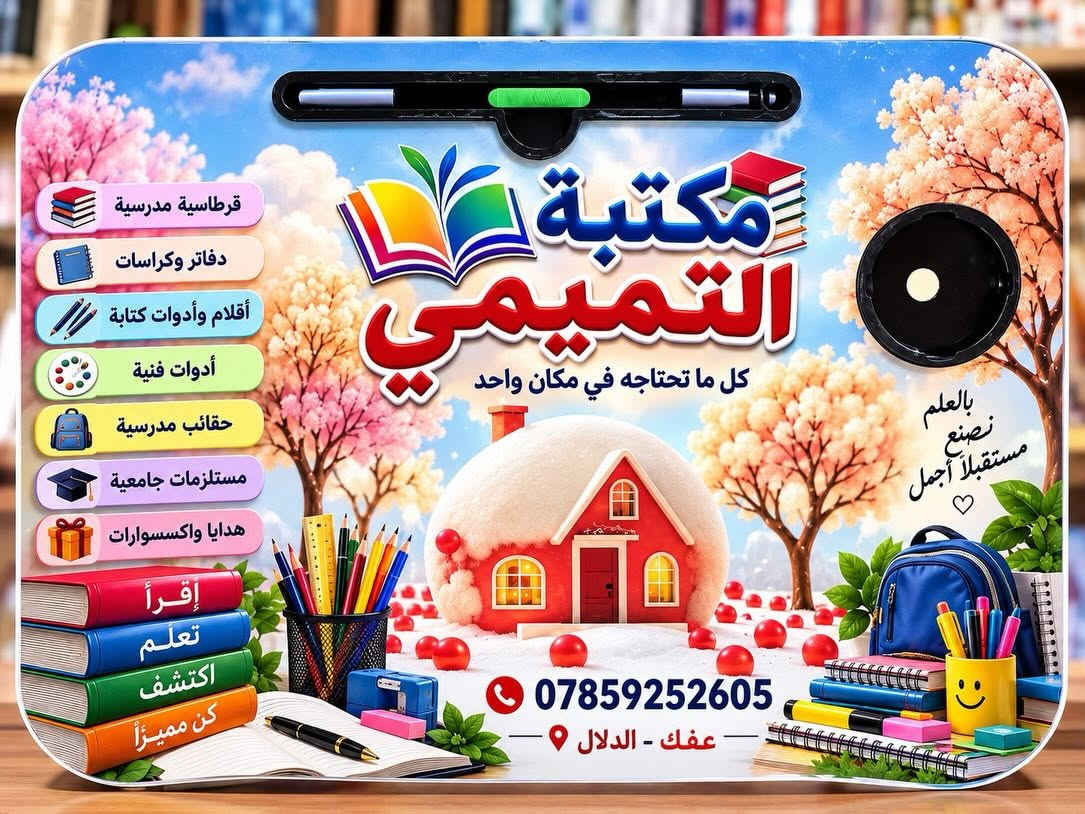 📚✨ كلشي تحتاجه… تلكي بمكتبة التميمي! ✨📚
شعارنا (الاصلي فقط)

من أول قلم ✏️ إلى آخر ورقة 📄
مكتبة التميمي توفرلكم كل مستلزماتكم الدراسية والمكتبية بمكان واحد 👌

🎒 قرطاسية ومستلزمات مدرسية
🖊️ أقلام ودفاتر
📄 استنساخ وتصوير
🖨️ طباعة وخدمات مكتبية
📚 مستلزمات الطلبة والدراسة
✨ وأكثر… وكلشي تحتاجه تلكي عدنا!

📍 الديوانية – قضاء عفك – الدلال

📞 للطلب والاستفسار:
***********

💙 مكتبة التميمي | كل احتياجاتك… بمكان واحد 💙

نص مكتوب في الصور:
- بالعلم نصنع مستقبلاً مكتبة التميمي كل ما تحتاجه في مكان واحد أدوات مكتبية قرطاسية مدرسية هدايا واكسسوارات دفاتر وكرارسات أقلام وأدوات كتابة أدوات فنية حقائب مدرسية مستلزمات جامعية هدايا واكسسوارات مستلزماتك اليومية بأجود الأنواع اقرأ تعلم اكتشف طور ذاتك مستقبل أفضل مكتبة التميمي .. عنوانك للتميز عفك - الدلال ***********
- قرطاسية مدرسية
- دفاتر وكراسات
- أقلام وأدوات كتابة
- أدوات فنية
- حقائب مدرسية
- مستلزمات جامعية
- هدايا واكسسوارات
- مكتبة التميمي
- كل ما تحتاجه في مكان واحد
- بالعلم نصنع مستقبلاً أجمل ♡
- إقرأ
- تعلَّم
- اكتشف
- كن مميزاً
- عفك - الدلال
- مستلزماتك اليومية بجودة الأنواع بالعلم نضع مستقبلاً مكتبة التميمي كل ما تحتاجه في مكان واحد قرطاسية مدرسية دفاتر وكراسات أقلام وأدوات كتابة أدوات فنية حقائب مدرسية مستلزمات جامعية هدايا واكسسوارات مكتبة التميمي عنوانك للتميز Good Ideas Start Here *********** عفك - الدلال مكتبة التميمي .. عنوانك للتميز LEARN PRACTICE CREATE SUCCEED
