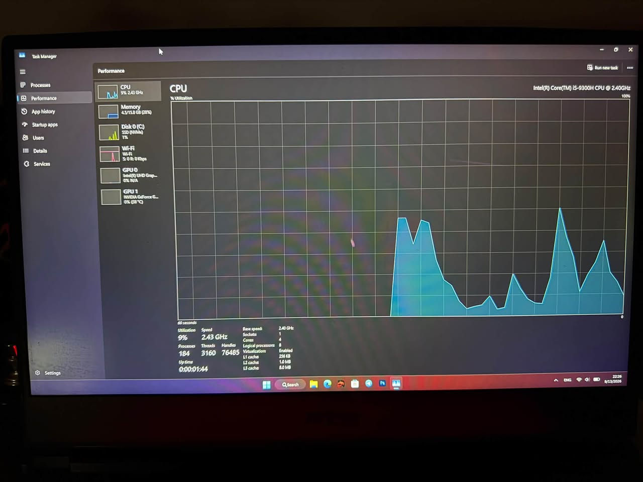 السلام عليكم 
لابتوب msi
المعالج: core i5 جيل تاسع
كارت شاشة: gtx1650
الهارد: ssd 500Gb
الرام: 16 Gb
البطارية شحنها ممتاز 
الشاشة: 144 Hzلكن فيها نقطة وردية في الوسط متبين الا على الشاشة السوداء 
السعر 500 الف 
للتواصل واتس اب : ***********

نص مكتوب في الصور:
- Task Manager Performance CPU 42% 3.14 GHz Memory 4.6/15.8 GB (29%) Disk 0 (C:) SSD (NVMe) 52% Wi-Fi Wi-Fi 2 (5.0 GHz): 312 Mbps GPU 0 Intel(R) UHD Graphics 0% 10 A GPU 1 NVIDIA GeForce G... 0% 38 °C GPU NVIDIA GeForce GTX 1650 3D 0% 0% Copy Video Encode Video Decode Dedicated GPU memory 0% 0.0/4.0 GB Shared GPU memory 0.0/11.9 GB 0.0/7.9 GB Temperature 38 °C Driver version Driver date DirectX version Physical location PCI bus 1, device 0, function 0 Hardware reserved memory 181 MB 22:27 8/13/2023
- Task Manager Performance CPU Memory Disk 0 (C:) Wi-Fi GPU 0 GPU 1 Processes Performance App history Startup apps Users Details Services NVIDIA GeForce GTX 1650 0% Run new task 5% 1.07 GHz 4.5/15.8 GB (28%) 0% S:0 R: 32.0 KBps 1% N/A 0% (38 °C) GPU 3D 0% Copy 0% Video Encode 0% Video Decode 0% Dedicated GPU memory Shared GPU memory 4.0 GB 7.9 GB Utilization 0% GPU Memory 0.0/11.9 GB Dedicated GPU memory 0.0/4.0 GB Shared GPU memory 0.0/7.9 GB Temperature 38 °C Driver version: 32.0.16.1692 Driver date: 9/4/2026 DirectX version: 12 (FL 12.1) Physical location: PCI bus 1, device 0, function 0 Hardware reserved memory: 161 MB Settings Search ENG 22:27 9/13/2026
- Task Manager
- Performance
- CPU
- 33% 3.34 GHz
- Memory
- 16.0 GB (29%)
- Disk 0 (C:)
- SSD (NVMe)
- 3%
- Wi-Fi
- S: 0 R: 24.0 Kbps
- GPU 0
- Intel(R) UHD Grap...
- 0% N/A
- GPU 1
- NVIDIA GeForce G...
- 0% (38 °C)
- Memory usage
- 60 seconds
- Memory composition
- In use (Compressed)
- 4.6 GB (0 MB)
- Committed
- 4.6/31.8 GB
- Paged pool
- 454 MB
- Available
- 11.3 GB
- Cached
- 4.4 GB
- Non-paged pool
- 363 MB
- Speed:
- Slots used:
- Form factor:
- Hardware reserved:
- 2400 MT/s
- 2 of 2
- SODIMM
- 193 MB
- 16.0 GB DDR4
- 15.8 GB
- 22:27
- 9/13/2026
- Processes
- App history
- Startup apps
- Users
- Details
- Services
- 5% 1.91 GHz
- 4.5/15.8 GB (28%)
- 5%
- 0 R: 0 T: 0 Kbps
- 4.5 GB (22.3 MB)
- SO-DIMM
- 4.6 GB
- Hardware reserved: 199 MB
- 401 MB
- 365 MB
- Settings
- Search
- msi
- steelseries
- GEFORCE
- GTX
