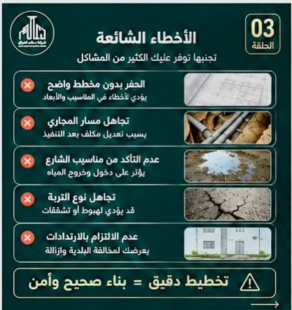 🏗️ مو كل بيت يبدأ بالحفر…

البناء الناجح يبدأ من ورقة، مخطط، قياسات، ومعلومات لازم تنعرف قبل ما تدخل أول آلية للموقع.

في الحلقة الأولى من «من الأرض إلى البيت» راح نبدأ من الصفر ونتعرف على أهم الأشياء اللي لازم نحددها قبل حفر الأساس:

📐 حدود البناء والارتدادات
📍 المناسيب واتجاه الشارع
🚰 الماء والمجاري
🧱 نوع التربة
📋 المخططات المعمارية والإنشائية
⚠️ والأخطاء اللي ممكن تكلفك لاحقًا وقت وفلوس

هدفنا من هاي السلسلة مو بس نشوف شلون ينُبنى البيت، وإنما نفهم ليش كل خطوة تنعمل وشلون تأثر على الخطوة اللي بعدها.

من الأرض… إلى أن يصير المكان بيت كامل. 🏠

الحلقة القادمة: نبدأ بالحفر ونشرح شلون يتم تحديد عمق الأساس.

للتواصل والاستفسار : ***********.                                      موقع الشركة : الدورة -قرب كلية دجلة - بناية ليمونة .

