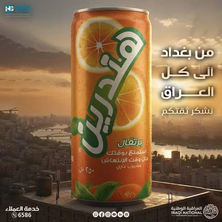 السلام عليكم
مندوب الشركة العراقية الوطنية للصناعات الغذائية
قاطع الدورة
مارينا زجاج
مارينا معدني
ريان زجاج غازي
هندرين عصير معدني 
هندرين زجاج ٢٠٠ مل
هندرين معدني غازي
هندرين كعة
للطلب والاستفسار التواصل عالرقم
***********

نص مكتوب في الصور:
- New LOOK
- من بغداد الى كل العراق نشكر ثقتكم خدمة العملاء 6586 العراقية الوطنية IRAQI NATIONAL
- خدمة العملاء
- 6586
- جديد
- بطعم الطبيعة
- Hindrin العراقية الوطنية IRAQI NATIONAL للصناعات الغذائية - FOOD INDUSTRY
- النوع
- شراب
- The Raw
- Material
- Tin
- Can
- The
- Weight
- 180 ml
- Quantity
- 24 PCS
- in Box
- On
- Pallet
- 288
- PCS
- هندرين برتقال شراب IRAQI NATIONAL GROUP مجموعة شركات العراقية الوطنية الصناعية والتجارية محدودة المسؤولية العراقية الوطنية IRAQI NATIONAL FOOD INDUSTRY Order Now 6586
- RAYAN اخذها باردة Order Now 6586 IRAQI NATIONAL GROUP
- RAYAN
- كولا يبردد يووومك