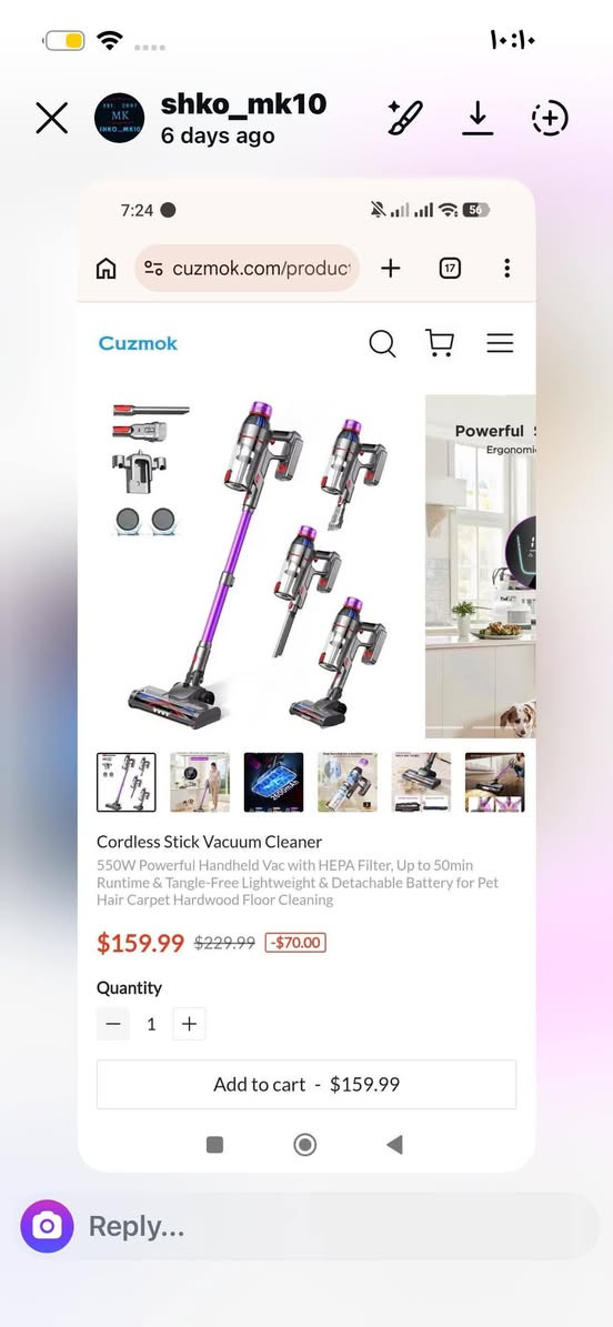 جملە + مفرد
متوفر
واتس اب ***********

نص مكتوب في الصور:
- shko_mk10 6 days ago cuzmok.com/produc Cuzmok Cordless Stick Vacuum Cleaner 550W Powerful Handheld Vac with HEPA Filter, Up to 50min Runtime & Tangle-Free Lightweight & Detachable Battery for Pet Hair Carpet Hardwood Floor Cleaning $159.99 $229.99 -$70.00 Quantity - 1 + Add to cart - $159.99