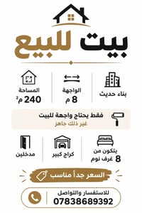 🏠 بيت للبيع 📐 المساحة: 240 م² 📏 الواجهة: 8 م 🏡 بناء حديث 🔹 فقط يحتاج و...