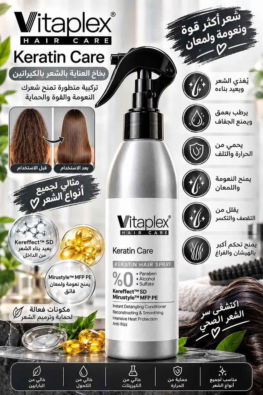 ✨ مجموعة بخاخات العناية بالشعر من Vitaplex Hair Care 
مهما كانت طبيعة شعرك أو احتياجه (مصبوغ، كيرلي، تالف، أو بحاجة لتغذية وفيتامينات)، مجموعة Vitaplex تقدم لك الحل الاحترافي بخطوة رشّ واحدة لتستمتعي بشعر صحي، قوي، ولامع كل يوم!"
رابط قناة تلكرام https://t.me/nafasnm3
للطلب مراسله الصفحه
متوفر بيع جملة مفرد
كل المنتجاة مختومة من وزارة الصحة الايرانيه

نص مكتوب في الصور:
- Vitaplex HAIR CARE Vitamin Care بخاخ الفيتامينات للشعر عناية متكاملة لشعر أكثر قوة ولمعة وحيوية Pro-V B5 فيتامين ب5 B7 فيتامين ب 7 Amino Acid أحماض أمينية %0 Paraben Alcohol Sulfate خال من الباربين والكحول والكبريتات يحمي الشعر من الحرارة ويمنحك إطلالة صحية وطبيعية لمعان طبيعي وجذاب تفكيك فوري للشعر حماية من الحرارة عناية مكثفة وتغذية عميقة Beautiful Hair شعر صحي أقوى وأكثر حيوية يُسهل فك تشابك الشعر يمنح الشعر نعومة ولمعان حماية من الحرارة العالية يقلل من التطاير والهيشَان يقوي الشعر ويغذيْه من الجذور B5 Vitaplex HAIR CARE Vitamin Care VITAMIN HAIR SPRAY %0 Paraben Alcohol Sulfate Amino acid Vitamin B5, B7 Instant Detangling Conditioner Pro-V B5 Revitalizer Intensive Heat Protection Anti-frizz
- Vitaplex HAIR CARE Bleach Care بخاخ العناية للشعر المُسحب يحافظ على صحة الشعر ويمنحه الترطيب والتغذية العميقة قبل الاستخدام بعد الاستخدام مثالي للشعر المُسحب والمفتّح Keravis PE Ceramide A2 مركبات فعالة لحماية وتقوية الشعر حماية مثالية للشعر المُسحب يقلل من التقصف والتكسر يرطب الشعر ويمنحه النعومة واللمعان يحمي لون الشعر المُسحب ويطيل عمره يغذي ويقوي بنية الشعر يمنح الشعر مظهراً صحياً وحيوياً 0% بارابين كحول سلفات شعر قوي ناعم ولامع مناسب للشعر المُسحب والمفتّح حماية من الحرارة ترطيب عميق مناسب للإستخدام اليومي
- Vitaplex HAIR CARE Curl Care بخاخ العناية بالشعر الكيرلي لتعريف التموجات وحمايتها بمظهر صحي ولمعان يدوم قبل الاستخدام بعد الاستخدام مثالي للشعر الكيرلي والمموج MiruStyle CP لتعزيز تموجات الشعر Silsoft Q لنعومة ولمعان يدوم 0% كبريتات بارابين كحول آمن على الشعر الكيرلي والمموج تموجات أجمل بكل ثقة يحدد التموجات ويبرز جمالها يرطب الشعر بعمق ويمنع الجفاف يحمي من الحرارة والتلف يقلل من التطاير والهيشان يمنح الشعر نعومة ولمعان طويل الأمد تعريف التموجات ترطيب عميق حماية من الحرارة نعومة ولمعان يدوم طويلاً Healthy Curls Happy You
- Vitaplex HAIR CARE Color Care بخاخ العناية بالشعر المصبوغ يحافظ على لون الشعر ويمنحه اللمعان والحيوية قبل الاستخدام بعد الاستخدام مثالي للشعر المصبوغ Coconut Oil زيت جوز الهند ترطيب عميق ولمعان طبيعي Coconut Oil زيت جوز الهند ولمعان للبيعي Prodew 500 تقنية بروتين متطورة لتقوية الشعر %0 بارابين كحول سلفات عناية آمنة لشعرك المصبوغ لونك يبقى أجمل وأطول يحافظ على لون الشعر يحمي الشعر من العوامل الخارجية يرطب ويغذي الشعر بعمق يقلل من أضرار الحرارة يمنح الشعر اللمعان والنعومة يمنع التجعد والعيشان شعرك الملون يستحق الأفضل لمعان طبيعي ترطيب عميق تنعيم الشعر حماية من الحرارة مناسب للشعر المصبوغ
- Vitaplex HAIR CARE Keratin Care بخاخ العناية بالشعر بالكيراتين تركيبة متطورة تمنح شعرك النعومة والقوة والحماية قبل الاستخدام بعد الاستخدام مثالي لجميع أنواع الشعر Kereffect SD يعيد بناء الشعر من الداخل Mirustyle MFP PE يمنح نعومة ولمعان فائق مكونات فعالة لحماية وترميم الشعر شعر أكثر قوة ونعومة ولمعان يُغذي الشعر ويعيد بناءه يرطب بعمق ويمنع الجفاف يحمي من الحرارة والتلف يمنح النعومة واللمعان يقلل من التقصف والتكسر يمنح تحكم أكبر بالهيشَان والفراغ اكتشفي سر الشعر الصحي Vitaplex HAIR CARE Keratin Care KERATIN HAIR SPRAY %0 Paraben Alcohol Sulfate Kereffect SD Mirustyle MFP PE Instant Detangling Conditioner Reconstructing & Smoothing Intensive Heat Protection Anti-frizz مناسب لجميع أنواع الشعر حماية من الحرارة خالي من الكيبرتات خالي من الكحول خالي من البارابين