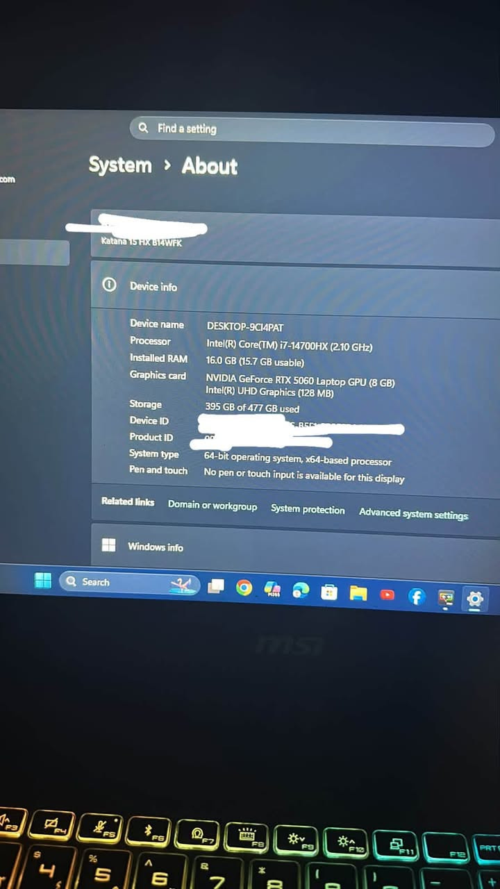 MSI Katana 15 HX
i7-14700HX

16gb ram

RTX 5060

ssd 477gb
Display 1080p 144hz

جهاز ممفتوح ولا مبدل بي قطعه شرط الفحص،ملحقاته شاحنه اصليه كارتونه اصليه وباقي الغراض، مع يده بلي فايف وبلي فور وماوس logitech g502x ابيض،الجهاز ماخذه من وكاله النبع وبعده بالضمان. باقي التفاصيل عالواتس ***********

السعر 1550 وبي مجال
