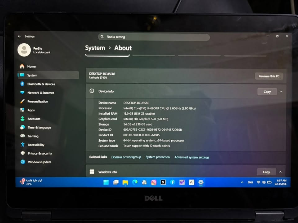 السلام عليكم
* Dell Latitude E7470
* Intel Core i7-6600U
* RAM 16GB
* SSD 256GB
* Intel HD Graphics 520
* شاشة 14” Touch
* دقة 2560×1440 QHD (2K) 
السعر 200 الف
***********
