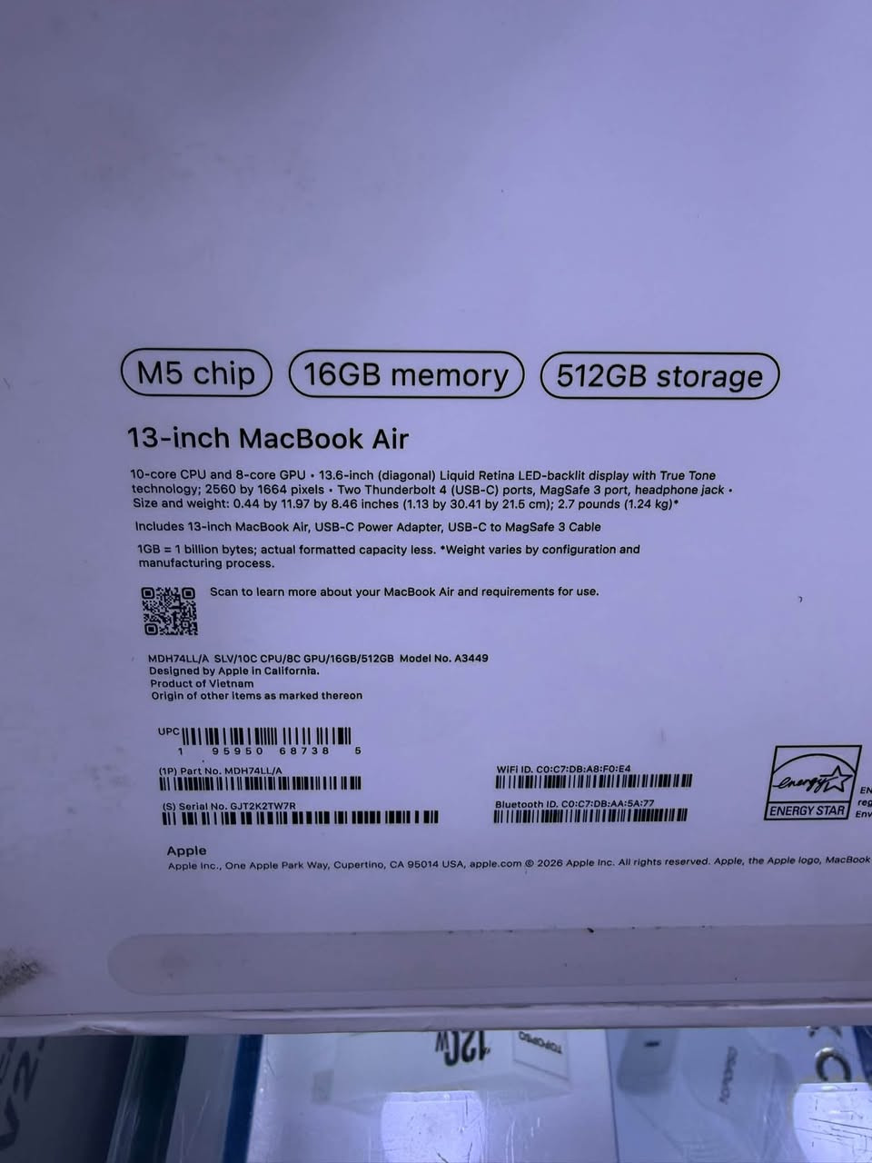 apple macbook air
M5 
ram 16
ssd 512
13,6 
battry 100% 
عدد دورات 23 
نضافه 100‎%‎ 
كامل ملحقاتهه 
السعر : 1،950،000
بغداد - المنصور 
يوجد توصيل 
***********

نص مكتوب في الصور:
- MacBook Air Battery Information: Model Information: Serial Number: F8YHQF00FYU0000G43 Device Name: bq40z651 Pack Lot Code: 0 PCB Lot Code: 0 Firmware Version: 0b00 Hardware Revision: 100 Cell Revision: 471d Charge Information: The battery's charge is below the warning level: No Fully Charged: No Charging: No State of Charge (%): 73 Health Information: Cycle Count: 23 Condition: Normal Maximum Capacity: 100% System Power Settings: AC Power: System Sleep Timer (Minutes): 1 Disk Sleep Timer (Minutes): 10 Display Sleep Timer (Minutes): 10 Sleep on Power Button: Yes Wake on LAN: Yes Hibernate Mode: 3 Low Power Mode: No Prioritize Network Reachability Over Sleep: No Battery Power: System Sleep Timer (Minutes): 1 Disk Sleep Timer (Minutes): 10 Display Sleep Timer (Minutes): 2 Sleep on Power Button: Yes Wake on LAN: No Current Power Source: Yes Hibernate Mode: 3 Low Power Mode: No m5's MacBook Air > Hardware > Power Displays Spotlight Wallpaper Notifications System R Software License Agreement ENERGY STAR Compliance Licens TM and 1983-2026 Apple