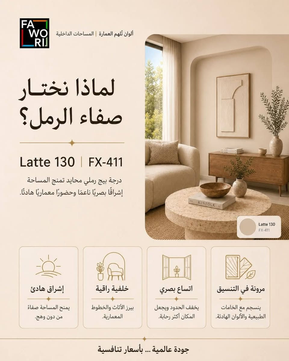 🎨 صفاء الرمل… لون يغيّر إحساس المكان!
لون هادئ ودافئ يضيف لمسة راقية ومريحة للديكورات الداخلية 🤎
لاتيه 130 | FX-411 من ألوان فاوري.
✨ مناسب للصالات وغرف المعيشة والنوم
✨ لون عصري سهل التنسيق مع الأثاث
✨ يمنح الجدران هدوءاً وأناقة مميزة
اختيارك للون الصح… هو أول خطوة للديكور الصح. 🎨
📍 وكالة فاوري المسيب
المسيب – حي المعلمين – مقابل المصرف الزراعي
📞 ***********
📞 ***********
🚚 يتوفر التوصيل إلى كافة المحافظات العراقية
