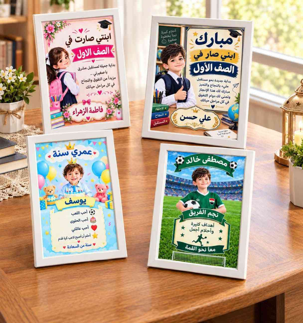 نحوّل صوركم وذكرياتكم إلى لوحات مميزة داخل إطارات أنيقة 🖼️❤️
🎓 تصاميم للنجاح والتخرج
🎒 تصاميم للطلاب والمدارس
🎂 أعياد الميلاد والمناسبات
👨‍👩‍👧‍👦 لوحات عائلية وذكريات جميلة
⚽ تصاميم رياضية للأطفال
🎁 أفكار مميزة للهدايا والمناسبات
🖨️ تصميم وطباعة بجودة عالية
🖼️ وتجهيزها داخل إطارات أنيقة وجاهزة للعرض
🌟 خلّوا أجمل لحظاتكم ذكرى تُعلّق على الجدار 🌟
📍 مكتبة دار العلم
***********
تصميمك علينا… وذكرياتك تبقى ❤️
يوجد لدينا توصيل لجميع محافظات العراق

نص مكتوب في الصور:
- ابني صار في الصف الاول
- بداية جديدة نحو مستقبل
- مشرق مليء بالنجاح والتميز
- مبارك لك هذا الإنجاز
- وتمنى لك دوام التفوق
- في كل مراحل حياتك
- يوسف علي