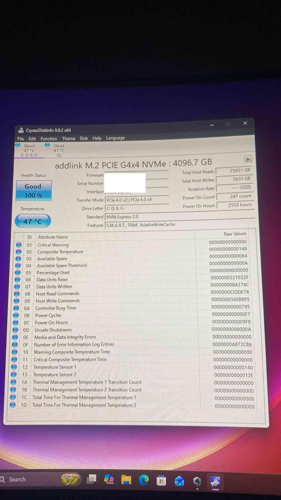 PC بمواصفات ممتازه
2.195.000
شراي هذا رقمي ***********

نص مكتوب في الصور:
- ROG CPU-Z CPU Mainboard Memory SPD Graphics Bench About About CPU-Z Version 2.20.2 - June 2026 Author : Franck Delattre, CPUID Infos and last updates at www.cpuid.com CPUID CPU-Z is a freeware based on the CPUID Software Development Kit Validation by CPU-Z Validator Windows Version Microsoft Windows 11 Professional (x64) Version 25H2, Build 26200.9457 DirectX 12.0 Tools Save Report (.TXT) Validation Save Report (.HTML) Clocks Timers Version 2.20.2 Validate OK
- ROG CPU-Z CPU Mainboard Memory SPD Graphics Bench About Memory Slot Selection Slot #2 DDR5 (UDIMM) Module Size 16 GBytes Max Bandwidth DDR5-6000 (3000 MHz) SPD Ext. XMP 3.0 Module Manuf. G.Skill Week/Year 15/25 DRAM Manuf. SK Hynix Ranks 1 Part Number F5-6000J2836G16G Correction Serial Number 41538AF7 Registered Timings Table Frequency CAS# Latency RAS# to CAS# RAS# Precharge tRAS tRC Command Rate Voltage JEDEC #5 2166 MHz 36.0 37 37 70 106 1.10 V JEDEC #6 2400 MHz 40.0 40 40 77 117 1.10 V JEDEC #7 2400 MHz 42.0 40 40 77 117 1.10 V XMP-6000 3000 MHz 28.0 36 36 96 132 1.400 V Version 2.20.2 Validate OK
- ROG CPU-Z CPU Mainboard Memory SPD Graphics Bench About Display Device Selection NVIDIA GeForce RTX 5060 Ti Perf Level Current GPU Name NVIDIA GeForce RTX 5060 Ti Board Manuf. GIGABYTE Technology Code Name GB206-300 Revision A1 Technology 4 nm TDP 180.0 W ROPs / TMUs 48 / 144 Cores 4608 GEFORCE RTX Clocks GFX Core 180 MHz Shaders / SoC Memory 405 MHz Memory Size 15.93 GBytes Type 0x10 Vendor Samsung Bus Width 128 bits Version 2.20.2 Validate OK
- ROG CPU-Z CPU Mainboard Memory SPD Graphics Bench About CPU Single Thread This Processor Reference CPU Multi Thread This Processor Reference Run on All Cores (16T) Multi Thread Ratio Bench CPU Stress CPU Submit and Compare This Processor 13th Gen Intel Core i5-13400F Reference Please Select CPUID Benchmark Version 17.01.64 Version 2.20.2 Validate OK
- ROG CPU-Z CPU Mainboard Memory SPD Graphics Bench About Processor Name Intel Core i5 13400F Code Name Raptor Lake Max TDP 65.0 W Package Socket 1700 LGA Technology 10 nm Core Voltage 0.897 V Specification 13th Gen Intel(R) Core(TM) i5-13400F Family 6 Model F Stepping 2 Ext. Family 6 Ext. Model BF Revision C0 Instructions MMX, SSE (1, 2, 3, 4.1, 4.2), SSSE3, EM64T, AES, AVX, AVX2, AVX-VNNI, FMA3, SHA Clocks (core #0) Caches Core Speed 498.78 MHz L1 Data 6 x 48 KB + 4 x 32 KB Multiplier x5.0 (4.0 - 46.0) L1 Inst. 6 x 32 KB + 4 x 64 KB Bus Speed 99.76 MHz Level 2 6 x 1.25 MB + 2 MBytes Rated FSB Level 3 20 MBytes Selection Socket #1 Cores 6P + 4E Threads 16 Version 2.20.2 Validate OK
- ROG CPU-Z CPU Mainboard Memory SPD Graphics Bench About Motherboard Manufacturer ASUSTeK COMPUTER INC. Model PRIME B760-PLUS Rev 1.xx Bus Specs. PCI-Express 4.0 (16.0 GT/s) Chipset Intel Alder Lake Rev. 02 Southbridge Intel B760 Rev. 11 LPCIO Nuvoton NCT6798D-R BIOS Brand American Megatrends Inc. Version 1810 Date 12/02/2024 CPU Microcode 0x37 Graphic Interface Version PCI-Express 5.0 Link Width x8 Max. Supported x16 Current Link Speed 2.5 GT/s Max. Supported 32.0 GT/s Version 2.20.2 Validate OK
- ROG CPU-Z CPU Mainboard Memory SPD Graphics Bench About General Type DDR5 Channels # 4 x 32-bit Size 32 GBytes Mem Controller Freq. 1197.1 MHz LLC/Ring 3591.2 MHz Timings DRAM Frequency 2394.1 MHz FSB:DRAM 1:24 CAS# Latency (CL) 40.0 clocks RAS# to CAS# Delay (tRCD) 40 clocks RAS# Precharge (tRP) 40 clocks Cyde Time (tRAS) 76 clocks Bank Cyde Time (tRC) 116 clocks Command Rate (CR) 2T DRAM Idle Timer Total CAS# (tRDRAM) Row To Column (tRCD) Version 2.20.2 Validate OK
- CrystalDiskInfo 9.9.2 x64
- File Edit Function Theme Disk Help Language
- Good
- 47 C
- C: D: E: F:
- 41 C
- Q:
- addlink M.2 PCIe G4x4 NVMe : 4096.7 GB
- Health Status
- 100%
- Temperature
- Firmware
- Serial Number
- Interface
- Transfer Mode PCIe 4.0 x2 | PCIe 4.0 x4
- Drive Letter C: D: E: F:
- Standard NVM Express 2.0
- Features S.M.A.R.T., TRIM, VolatileWriteCache
- Total Host Reads 25031 GB
- Total Host Writes 5631 GB
- Rotation Rate ---- (SSD)
- Power On Count 247 count
- Power On Hours 2553 hours
- ID Attribute Name Raw Values
- 01 Critical Warning 000000000000
- 02 Composite Temperature 000000000140
- 03 Available Spare 000000000064
- 04 Available Spare Threshold 00000000000A
- 05 Percentage Used 000000000000
- 06 Data Units Read 000000321032F
- 07 Data Units Written 0000000B4374C
- 08 Host Read Commands 000000E3DDF76
- 09 Host Write Commands 00000036EBB95
- 0A Controller Busy Time 000000000795
- OB Power Cycles 0000000000F7
- OC Power On Hours 0000000009F9
- OD Unsafe Shutdowns 00000000000A
- 0E Media and Data Integrity Errors 000000000000
- 0F Number of Error Information Log Entries 000000A972C86
- 10 Warning Composite Temperature Time 000000000000
- 11 Critical Composite Temperature Time 000000000000
- 12 Temperature Sensor 1 000000000140
- 13 Temperature Sensor 2 00000000012E
- 1A Thermal Management Temperature 1 Transition Count 000000000000
- 1B Thermal Management Temperature 2 Transition Count 000000000000
- 1C Total Time For Thermal Management Temperature 1 000000000000
- 1D Total Time For Thermal Management Temperature 2 000000000000