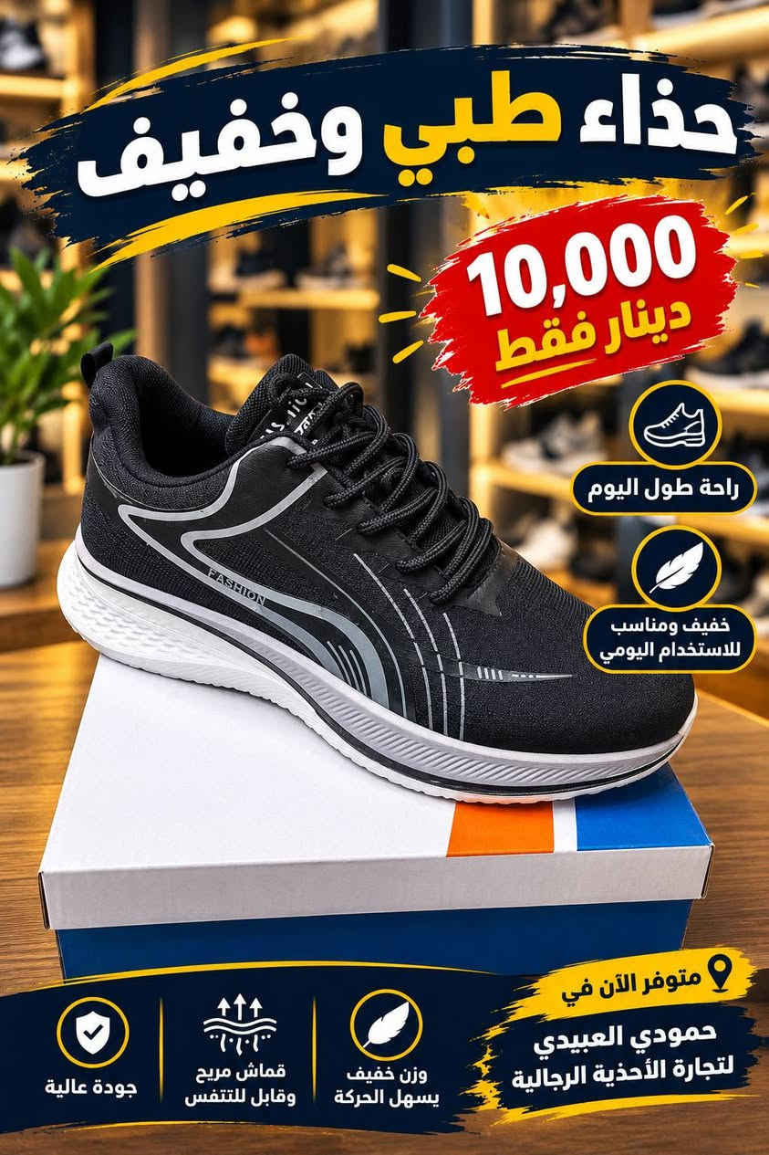 وصل الجديد من الأحذية الرياضية الطبية! 🔥
👟 حذاء طبي وخفيف، راحة وأناقة بكل خطوة، متوفر بثلاثة ألوان: الأبيض والأسود والبيج.
💥 السعر: 10,000 دينار فقط!
✅ خفيف ومريح للاستخدام اليومي
✅ تصميم عصري وشبابي
✅ الاحجام 41-45 
📍 الموصل – باب جديد، مجاور عبدالرشيد أبو الشربت، تحت كافتيريا طوكيو.
حمودي العبيدي لتجارة الأحذية الرجالية 🛍️

نص مكتوب في الصور:
- أحذية رياضية مريحة خفة - راحة - أناقة 10,000 دينار فقط ثلاثة ألوان لأنك تستحق الأفضل خفيفة الوزن لا تثقل القدم راحة طوال اليوم مناسبة للاستخدام اليومي جودة عالية ومتانة تدوم رمادي أسود بيج متوفر الآن في حمودي العبيدي لتجارة الأحذية الرجالية موصل باب جديد مجاور عبدالرشيد ابو الشريت تحت كافتريا طوكيو قماش مريح وجيد التهوية نعل مطاطي مانع للانزلاق بطانة داخلية ناعمة لراحة أكثر تصميم عصري مناسب لكافة الأعمار اختيارك الصح ... راحة كل خطوة
- حذاء طبي وخفيف 10,000 دينار فقط راحة طول اليوم خفيف ومناسب للاستخدام اليومي متوفر الآن في حمودي العبيدي لتجارة الأحذية الرجالية جودة عالية قماش مريح وقابل للتنفس وزن خفيف يسهل الحركة
- حذاء طبي وخفيف راحة أكثر .. لكل خطواتك 10,000 دينار فقط راحة طول اليوم خفيف ومناسب للاستخدام اليومي دعم ممتاز للقدم مناسب لجميع الأعمار جودة عالية قماش مريح وقابل للتنفس وزن خفيف يسهل الحركة متوفر الآن في حمودي العبيدي لتجارة الأحذية الرجالية موصل باب جديد مجاور عبدالرشيد ابو الشربت تحت كافتريا طوكيو
- حذاء طبي وخفيف 10,000 دينار فقط راحة طول اليوم خفيف ومناسب للاستخدام اليومي