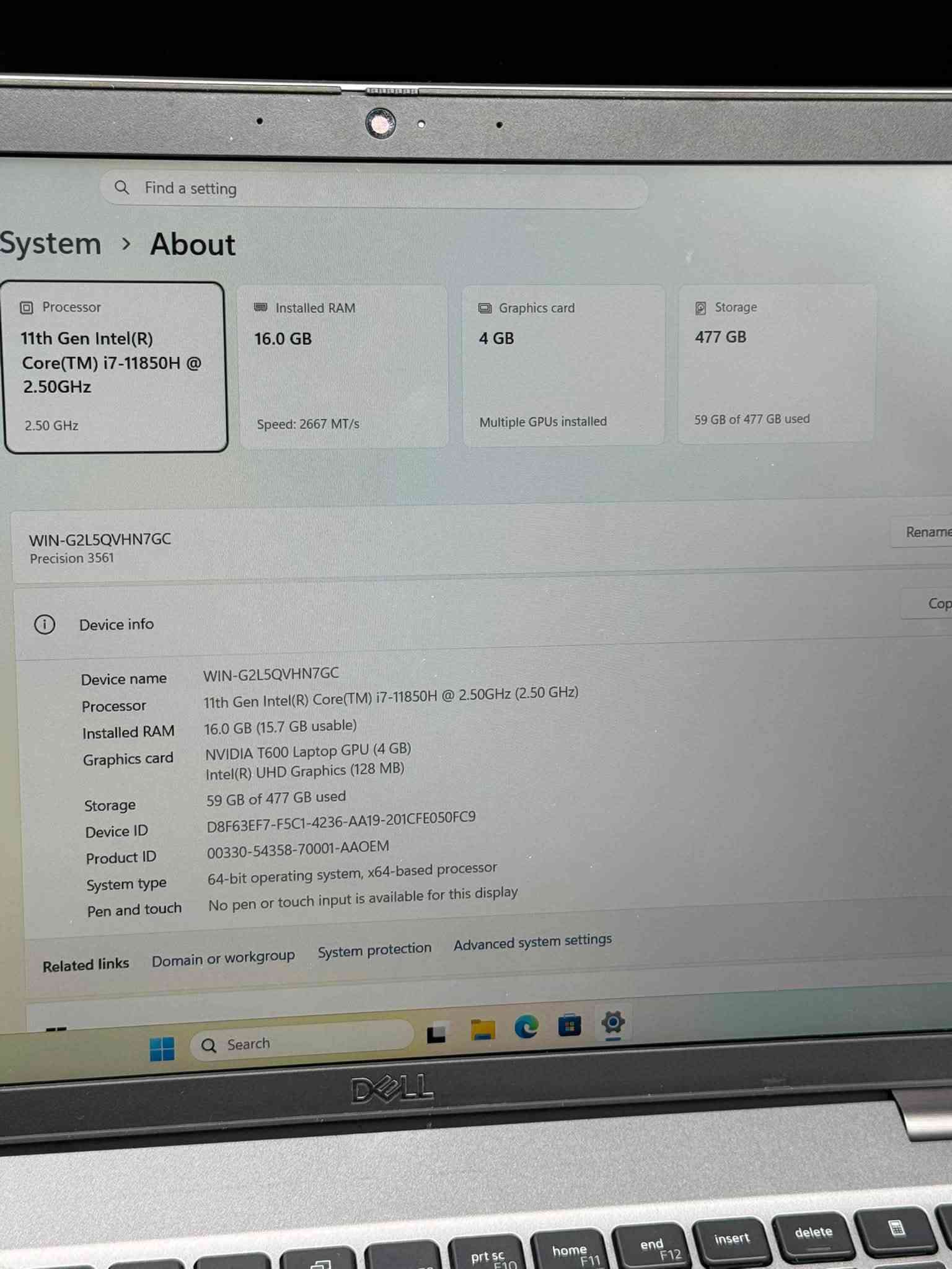 Dell Precision 3561 🔥
(قوة هندسية جبارة، معالج جيل حادي عشر فئة H، وكارت شاشة منفصل للرندر والشغل الثقيل)
🔥 سعر فرصة ومحطوم.. ما راح تحصله بأي مكان ثاني! 🔥
إذا تدور على محطة عمل احترافية (Workstation) للرندر، برامج الهندسة والتصميم، والمهام الثقيلة بدون أي هبوط بالأداء:
✅ المعالج: Intel Core i7-11850H (الجيل الحادي عشر - فئة H الخارقة بـ 8 أنوية و16 خيط معالجة لأداء صاروخي)
✅ الرام: 16GB DDR4 (بسرعة 2667MT/s لتعدد مهام سلس وبدون أي تأخير)
✅ التخزين: 512GB NVMe SSD (سرعة خيالية في فتح النظام والبرامج ونقل البيانات)
✅ كارت الشاشة المنفصل: NVIDIA T600 Laptop GPU (بسعة 4GB - معتمد ومخصص لأعتى برامج التصميم والهندسة مثل AutoDesk و3D Max)
✅ كارت الشاشة المدمج: Intel UHD Graphics
✅ التصميم والتبريد: نظام تبريد متطور مخصص للعمل الشاق والمستمر، مع هيكل متين وعملي جداً  
📥 للطلب والحجز لمعرفة السعر التفصيلي، يرجى مراسلتنا على الخاص (Inbox) أو الاتصال بنا.
📞 يتوفر لدينا كافة أنواع اللابتوبات بسعر مناسب أمريكية المصدر استيراد خاص فقط حصراً: ⁠***********

نص مكتوب في الصور:
- Find a setting
- System > About
- Processor
- 11th Gen Intel(R)
- Core(TM) i7-11850H @
- 2.50GHz
- 2.50 GHz
- Installed RAM
- 16.0 GB
- Speed: 2667 MT/s
- Graphics card
- 4 GB
- Multiple GPUs installed
- Storage
- 477 GB
- 59 GB of 477 GB used
- WIN-G2L5QVH7GC
- Precision 3561
- Rename
- Cop
- Device info
- Device name WIN-G2L5QVH7GC
- Processor 11th Gen Intel(R) Core(TM) i7-11850H @ 2.50GHz (2.50 GHz)
- Installed RAM 16.0 GB (15.7 GB usable)
- Graphics card NVIDIA T600 Laptop GPU (4 GB)
- Intel(R) UHD Graphics (128 MB)
- Storage 59 GB of 477 GB used
- Device ID D8F63EF7-F5C1-4236-AA19-201CFE050FC9
- Product ID 00330-54358-70001-AAOEM
- System type 64-bit operating system, x64-based processor
- Pen and touch No pen or touch input is available for this display
- Related links Domain or workgroup System protection Advanced system settings
- Q Search