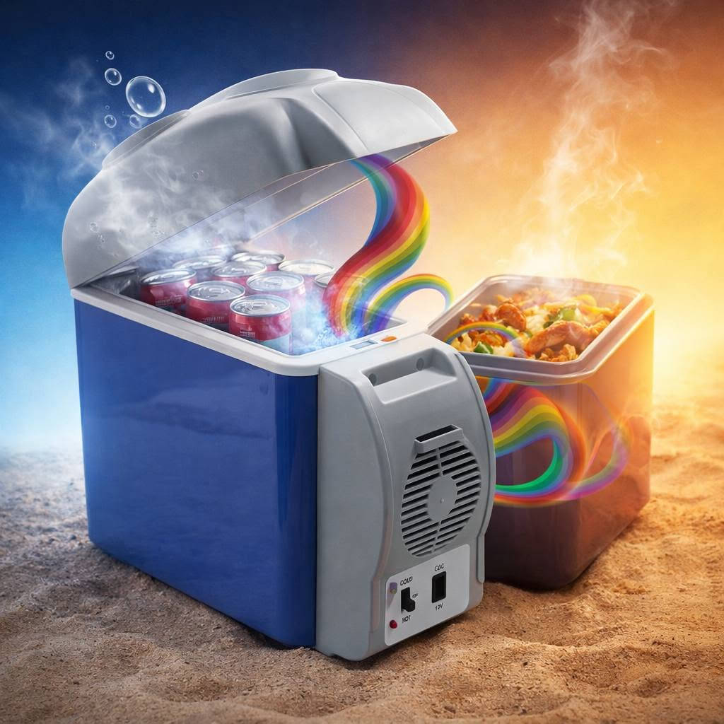 ثلاجة سيارة محمولة 7.5 لتر للتبريد والتسخين – Portable Electronic Car Refrigerator

ثلاجة سيارة إلكترونية محمولة بسعة 7.5 لتر مصممة للاستخدام أثناء السفر والرحلات، تعمل عبر مقبس ولاعة السيارة DC 12V وتوفر وظيفتين: تبريد المشروبات أو تسخين الطعام حسب الحاجة.

• وظيفة تبريد وتسخين
يمكن تشغيلها على وضع COLD للتبريد أو HOT للتسخين عبر المفتاح المخصص.

• تعمل على كهرباء السيارة 12V
يتم توصيلها مباشرة بمقبس ولاعة السيارة باستخدام القابس المرفق.

• مؤشرات ضوئية للحالة
يظهر ضوء أخضر عند التبريد وضوء أحمر عند التسخين لمعرفة وضع التشغيل.

• تصميم محمول وخفيف
خفيف الوزن وسهل الحمل ومناسب للاستخدام أثناء السفر والتنقل.

• استخدامات متعددة أثناء الرحلات
مناسب للرحلات، التخييم، السفر بالسيارة، لسائقي التاكسي، الصيد، وحفظ بعض المنتجات مثل المشروبات أو الحليب أو مستحضرات التجميل.

• تقنية تبريد شبه موصل (Semiconductor)
مذكور في الدليل أنه يعمل بتقنية أشباه الموصلات بدون ضاغط أو غاز تبريد.

• نوع المنتج: ثلاجة سيارة إلكترونية محمولة
• السعة: 7.5 لتر
• الوظائف: تبريد / تسخين
• مصدر الطاقة: DC 12V
• طريقة التشغيل: مقبس ولاعة السيارة
• مؤشرات التشغيل:
 • ضوء أخضر للتبريد
 • ضوء أحمر للتسخين
• تقنية التشغيل: Semiconductor (بدون كمبروسر)
• الاستخدام: داخل السيارة أثناء التشغيل

محتويات العلبة:
• ثلاجة سيارة إلكترونية محمولة 7.5 لتر
• كابل طاقة مع قابس ولاعة السيارة (DC Plug)
• دليل الاستخدام (Manual)
للحجز او الاسستفار مراسله الصفحه

نص مكتوب في الصور:
- COLD HOT