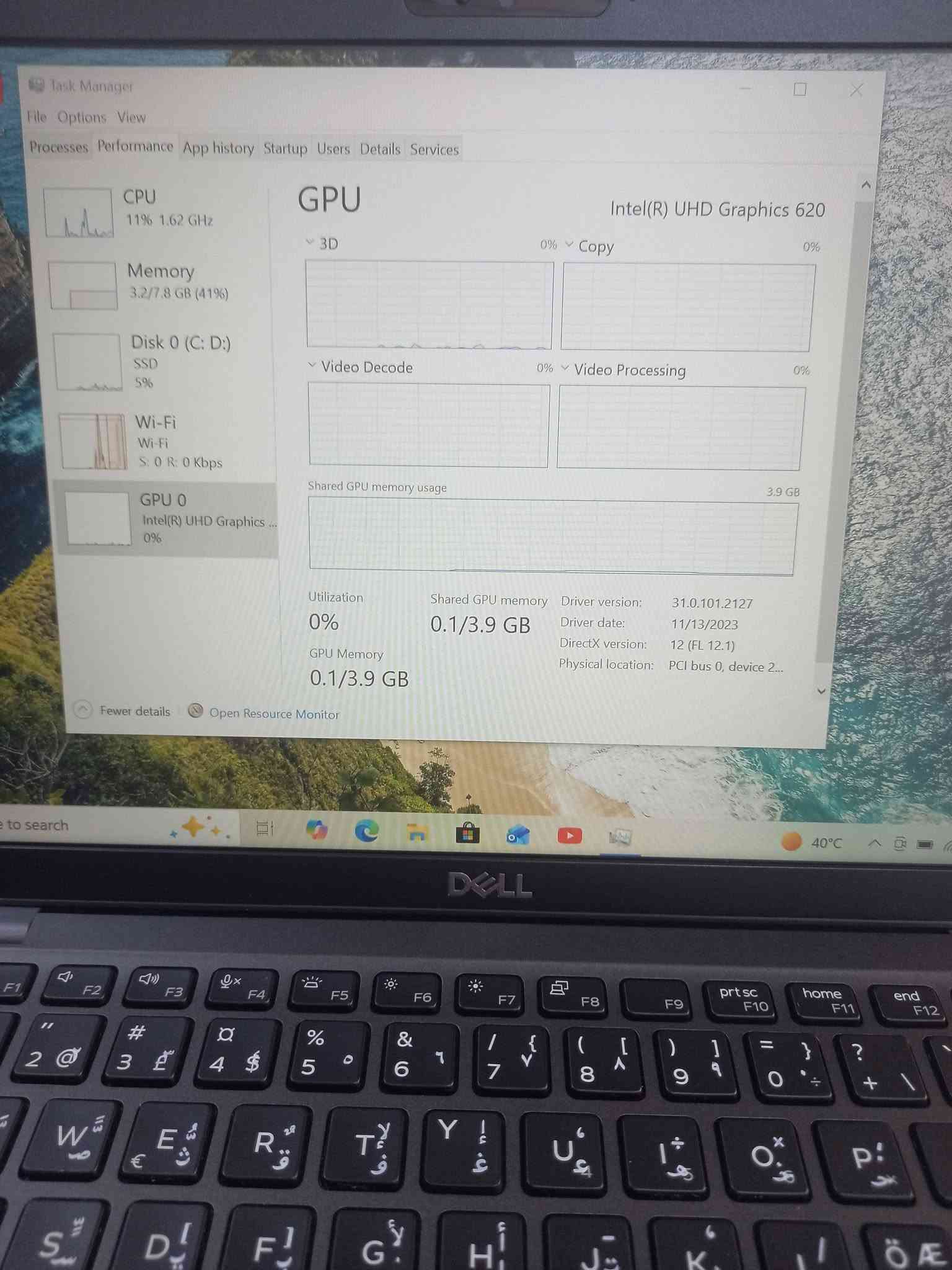 لابتوب دل dell 5400
الجيل الثامن 
المعالج كور اي 5 الجيل 8
الهارد    256    ssd  m.2
الرام 8.  ddr4 
كارت الشاشة  4  شير 
حجم الشاشة  14 
الشاحنة اصلية 
يحتوي على منفذ تايب سي للشحن او نقل البيانات
نظام التشغيل ويندوز 10 عربي انكليزي 
الملحقات شاحنة وجنطة 
السعر  235

***********
***********
يوجد توصيل

متوفر 
تتوفر مجموعة لابتوبات بأسعار مناسبة ومواصفات مختلفة

نص مكتوب في الصور:
- About Installed RAM 8.00 GB Speed: 2667 MHz Processor Intel(R) Core(TM) i5-8365U CPU @ 1.60GHz 1.90 GHz Graphics Card 128 MB Intel(R) UHD Graphics 620 Storage 238 GB 42 GB of 238 GB used DESKTOP-L2IRLAM Latitude 5400 Rename this PC Device Specifications Copy Device Name DESKTOP-L2IRLAM Processor Intel(R) Core(TM) i5-8365U CPU @ 1.60GHz 1.90 GHz Installed RAM 8.00 GB (7.82 GB usable) Graphics Card Intel(R) UHD Graphics 620 (128 MB) Storage 238 GB SSD KBG40ZNS256G NVMe KIOXIA 256GB Device ID B5113A91-7FFA-414B-B582-723D8E6E85D8 Product ID 00330-52430-95833-AAOEM System Type 64-bit operating system, x64-based processor BitLocker settings Device Manager Remote desktop System protection Advanced system settings Rename this PC (advanced) Help from the web Finding out how many cores a processor has Checking multiple languages Checking multiple languages Get help Give feedback
- About Speed: 2667 MHz 1.90 GHz 620 42 GB of 238 GB used Advanced DESKTOP-L2IRLAM Latitude 5400 Rename this PC Rename th Help from th Finding out processor ha Checking mu Device Specifications Copy Checking mu Device Name DESKTOP-L2IRLAM Processor Intel(R) Core(TM) i5-8365U CPU @ 1.60GHz 1.90 GHz Installed RAM 8.00 GB (7.82 GB usable) Graphics Card Intel(R) UHD Graphics 620 (128 MB) Storage 238 GB SSD KBG40ZNS256G NVMe KIOXIA 256GB Device ID B5113A91-7FFA-414B-B582-723D8E6E85D8 Product ID 00330-52430-95833-AAOEM System Type 64-bit operating system, x64-based processor Pen and touch No pen or touch input is available for this display Frequently asked questions How does having 8-16 GB of RAM impact my PC's performance? Can I run modern applications smoothly with this RAM capacity? Is my GPU sufficient for high end gaming and video experience? How can having a dedicated GPU enhance my experience and productivity? 40°C
- Task Manager File Options View Processes Performance App history Startup Users Details Services CPU 1% 3.62 GHz Memory 3.1/7.8 GB (40%) Disk 0 (C: D:) SSD 2% Wi-Fi Wi-Fi S: 0 R: 0 Kbps GPU 0 Intel(R) UHD Graphics ... 0% Fewer details Open Resource Monitor CPU Intel(R) Core(TM) i5-8365U CPU @ 1.60GHz % Utilization 100% 60 seconds 0 Utilization 1% Speed 3.62 GHz Base speed: 1.90 GHz Sockets: 1 Cores: 4 Processes 164 Threads 2244 Handles 63231 Logical processors: 8 Virtualization: Enabled L1 cache: 256 KB Up time 0:14:07:44 L2 cache: 1.0 MB L3 cache: 6.0 MB to search 40°C
- Task Manager
- File Options View
- Processes Performance App history Startup Users Details Services
- CPU
- 60% 2.76 GHz
- Memory
- 3.2/7.8 GB (41%)
- Disk 0 (C: D:)
- SSD
- 13%
- Wi-Fi
- S: 168 R: 976 Kbps
- GPU 0
- Intel(R) UHD Graphics...
- 0%
- 8.0 GB
- 7.8 GB
- 60 seconds
- 0
- Memory composition
- In use (Compressed)
- 3.1 GB (41.6 MB)
- Available
- 4.7 GB
- Speed:
- Slots used:
- Form factor:
- Hardware reserved:
- 2400...
- 1 of 2
- SODI...
- 186...
- Committed
- 2.9/9.7 GB
- Cached
- 1.4 GB
- Paged pool
- 220 MB
- Non-paged pool
- 262 MB
- Fewer details
- Open Resource Monitor
- 5% 1.66 GHz
- 3.1/7.8 GB (40%)
- 11%
- S: 0 R: 0 Kbps
- Intel(R) UHD Graphics ...
- 1%
- Disk 0 (C: D:) KBG40ZNS256G NVMe KIOXIA 256GB
- Active time
- 100%
- Disk transfer rate
- 500 KB/s
- 450 KB/s
- Average response time
- 2.0 ms
- Capacity:
- 239 GB
- Formatted:
- System disk:
- Yes
- Read speed
- 797 KB/s
- Write speed
- 5.5 MB/s
- Page file:
- Type:
- search
- 40°C
- 11% 1.62 GHz
- 5%
- GPU
- Intel(R) UHD Graphics 620
- 3D
- 0% Copy
- Video Decode
- 0% Video Processing
- Shared GPU memory usage
- 3.9 GB
- Utilization
- GPU Memory
- 0.1/3.9 GB
- Shared GPU memory
- Driver version:
- Driver date:
- DirectX version:
- Physical location:
- 31.0.101.2127
- 11/13/2023
- 12 (FL 12.1)
- PCI bus 0, device 2...
- e to search