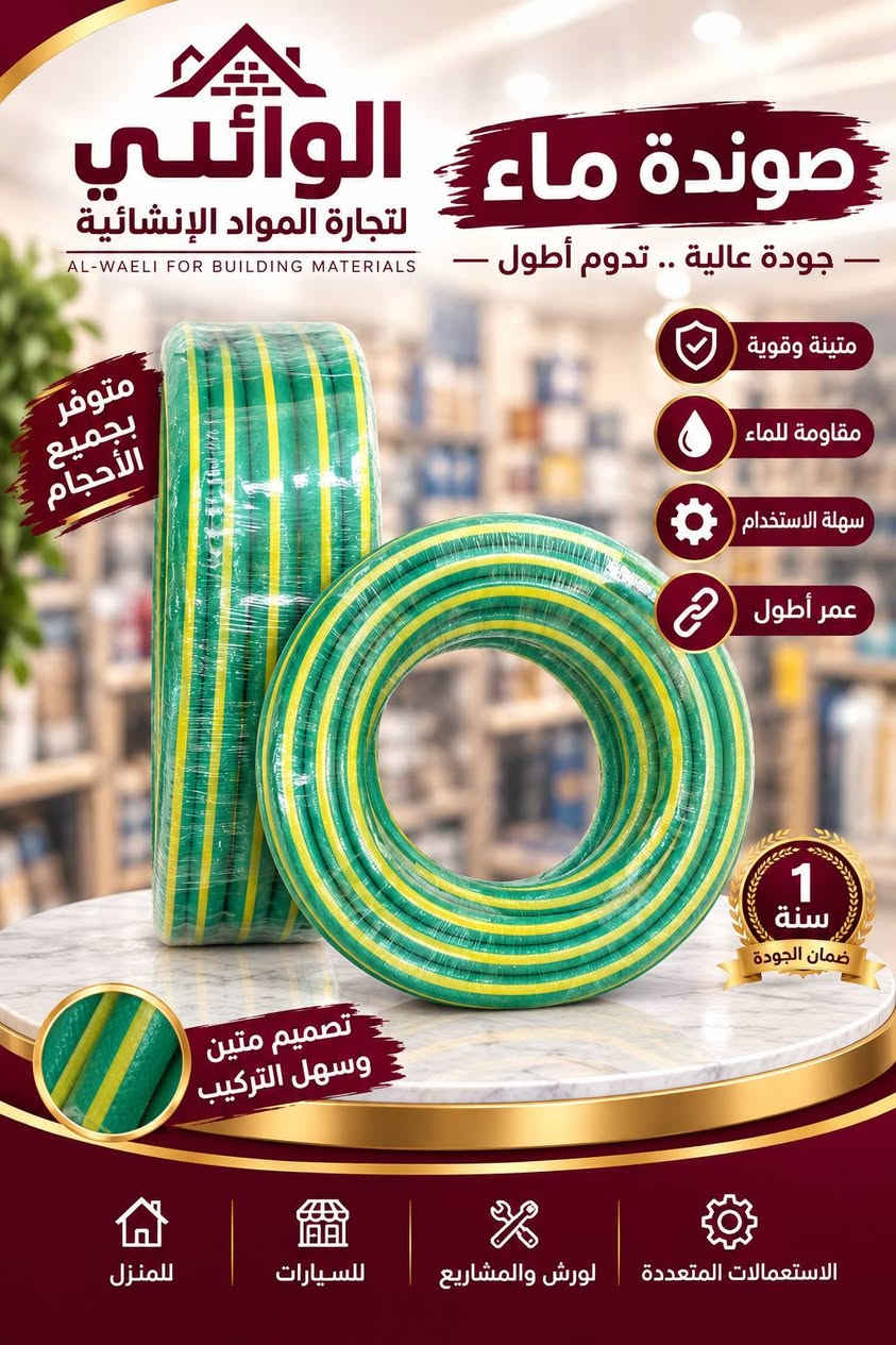 أسس بيتك واشتغل شغل مرتب من منتجات شركة الوائلي جوزة وامتياز ضمان حقيقي
***********

نص مكتوب في الصور:
- الوائلي لتجارة المواد الإنشائية AL-WAELI FOR BUILDING MATERIALS صوندة ماء جودة عالية .. تدوم أطول متينة وقوية مقاومة للماء سهلة الاستخدام عمر أطول متوفر جميع الأحجام 1 سنة ضمان الجودة تصميم مرن وسهل التركيب للمنزل للسيارات للورش والمشاريع الاستعمالات المتعددة
- الوايلي لتجارة المواد الإنشائية AL-WAELI FOR BUILDING MATERIALS صوندة ماء - جودة عالية .. تدوم أطول - متوفر بجميع الأحجام متينة وقوية مقاومة للماء سهلة الاستخدام عمر أطول 1 سنة ضمان الجودة تصميم متين وسهل التركيب للمنزل للسيارات لورش والمشاريع الاستعمالات المتعددة
- الوايلي لتجارة المواد الانشائية AL-WAELI FOR BUILDING MATERIALS صوندة ماء جودة عالية .. تدوم أطول متوفر لجميع الأحجام متينة وقوية مقاومة للماء سهلة الاستخدام عمر أطول 1 سنة ضمان الجودة تصميم مرن وسهل التركيب للمنازل للسيارات للورش والمشاريع الاستخدامات المتعددة
- الواتلي لتجارة المواد الإنشائية AL-WAELI FOR BUILDING MATERIALS صوندة سنك عريضة صفراء جودة عالية .. تدوم لفترة أطول مقاومة عالية للتآكل والحرارة مانع للتسرب بشكل ممتاز مرونة عالية وسهولة التركيب عمر افتراضي طويل فتحة واسعة لتصريف أفضل الطض أطول وأوسع
- الوائلي لتجارة المواد الإنشائية AL-WAELI FOR BUILDING MATERIALS إضاءة أقوى لحياة أفضل جودة تنير كل زاوية .. إضاءة عالية السطوع موفر للطاقة بنسبة 80% راحة للعين ووضوح أكبر جودة عالية ومتانة ضمان 1 سنة LED PANEL LIGHT 40W 80% POWER SAVING 1 YEARS WARRANTY HIGH BRIGHTNESS HIGH CRI ENERGY SAVING ELEGANT APPEARANCE LONG WORKING LIFE Long life 30,000 Hours متوفر بعدة ألوان إضاءة الوائلي لتجارة المواد الإنشائية AL-WAELI FOR BUILDING MATERIALS
- الوائلي لتجارة المواد الإنشائية AL-WAELI FOR BUILDING MATERIALS صوندة تصريف سنك جودة عالية .. تدوم لفترة أطول الطول 3 متر مقاومة عالية للضغط والحرارة تصريف مياه بكفاءة عالية متين وطويل العمر مانع للتسرب بشكل ممتاز مرنة وقوية الوائلي لتجارة المواد الإنشائية AL-WAELI FOR BUILDING MATERIALS
- الوائلي لتجارة المواد الإنشائية AL-WAELI FOR BUILDING MATERIALS مصباح LED منفذ للإضاءة إضاءة قوية ... وتوفير في الطاقة إضاءة عالية السطوع موفر للطاقة بنسبة 80% راحة للعين ووضوح أكبر جودة عالية ومتانة ضمان 1 سنة متوفر بعدة ألوان إضاءة