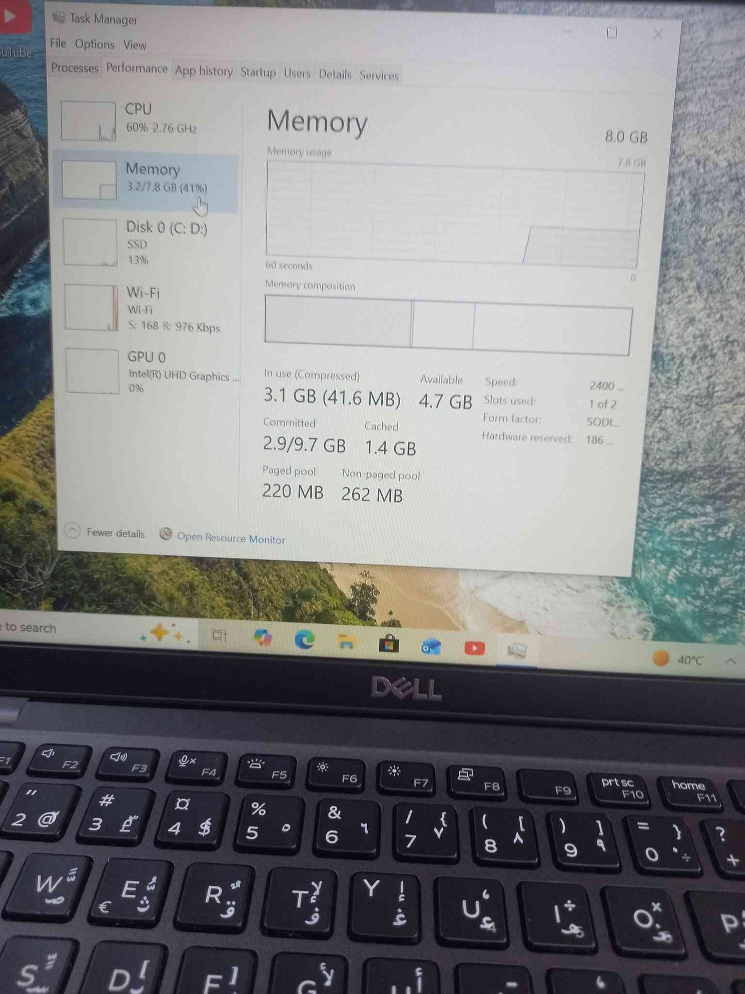 لابتوب دل dell 5400
الجيل الثامن 
المعالج كور اي 5 الجيل 8
الهارد    256    ssd  m.2
الرام 8.  ddr4 
كارت الشاشة  4  شير 
حجم الشاشة  14 
الشاحنة اصلية 
يحتوي على منفذ تايب سي للشحن او نقل البيانات
نظام التشغيل ويندوز 10 عربي انكليزي 
الملحقات شاحنة وجنطة 
السعر  235

***********
***********
يوجد توصيل

متوفر 
تتوفر مجموعة لابتوبات بأسعار مناسبة ومواصفات مختلفة

نص مكتوب في الصور:
- About Installed RAM 8.00 GB Speed: 2667 MHz Processor Intel(R) Core(TM) i5-8365U CPU @ 1.60GHz 1.90 GHz Graphics Card 128 MB Intel(R) UHD Graphics 620 Storage 238 GB 42 GB of 238 GB used DESKTOP-L2IRLAM Latitude 5400 Rename this PC Device Specifications Copy Device Name DESKTOP-L2IRLAM Processor Intel(R) Core(TM) i5-8365U CPU @ 1.60GHz 1.90 GHz Installed RAM 8.00 GB (7.82 GB usable) Graphics Card Intel(R) UHD Graphics 620 (128 MB) Storage 238 GB SSD KBG40ZNS256G NVMe KIOXIA 256GB Device ID B5113A91-7FFA-414B-B582-723D8E6E85D8 Product ID 00330-52430-95833-AAOEM System Type 64-bit operating system, x64-based processor BitLocker settings Device Manager Remote desktop System protection Advanced system settings Rename this PC (advanced) Help from the web Finding out how many cores a processor has Checking multiple languages Checking multiple languages Get help Give feedback
- About Speed: 2667 MHz 1.90 GHz 620 42 GB of 238 GB used Advanced DESKTOP-L2IRLAM Latitude 5400 Rename this PC Rename th Help from th Finding out processor ha Checking mu Device Specifications Copy Checking mu Device Name DESKTOP-L2IRLAM Processor Intel(R) Core(TM) i5-8365U CPU @ 1.60GHz 1.90 GHz Installed RAM 8.00 GB (7.82 GB usable) Graphics Card Intel(R) UHD Graphics 620 (128 MB) Storage 238 GB SSD KBG40ZNS256G NVMe KIOXIA 256GB Device ID B5113A91-7FFA-414B-B582-723D8E6E85D8 Product ID 00330-52430-95833-AAOEM System Type 64-bit operating system, x64-based processor Pen and touch No pen or touch input is available for this display Frequently asked questions How does having 8-16 GB of RAM impact my PC's performance? Can I run modern applications smoothly with this RAM capacity? Is my GPU sufficient for high end gaming and video experience? How can having a dedicated GPU enhance my experience and productivity? 40°C
- Task Manager File Options View Processes Performance App history Startup Users Details Services CPU 1% 3.62 GHz Memory 3.1/7.8 GB (40%) Disk 0 (C: D:) SSD 2% Wi-Fi Wi-Fi S: 0 R: 0 Kbps GPU 0 Intel(R) UHD Graphics ... 0% Fewer details Open Resource Monitor CPU Intel(R) Core(TM) i5-8365U CPU @ 1.60GHz % Utilization 100% 60 seconds 0 Utilization 1% Speed 3.62 GHz Base speed: 1.90 GHz Sockets: 1 Cores: 4 Processes 164 Threads 2244 Handles 63231 Logical processors: 8 Virtualization: Enabled L1 cache: 256 KB Up time 0:14:07:44 L2 cache: 1.0 MB L3 cache: 6.0 MB to search 40°C
- Task Manager
- File Options View
- Processes Performance App history Startup Users Details Services
- CPU
- 60% 2.76 GHz
- Memory
- 3.2/7.8 GB (41%)
- Disk 0 (C: D:)
- SSD
- 13%
- Wi-Fi
- S: 168 R: 976 Kbps
- GPU 0
- Intel(R) UHD Graphics...
- 0%
- 8.0 GB
- 7.8 GB
- 60 seconds
- 0
- Memory composition
- In use (Compressed)
- 3.1 GB (41.6 MB)
- Available
- 4.7 GB
- Speed:
- Slots used:
- Form factor:
- Hardware reserved:
- 2400...
- 1 of 2
- SODI...
- 186...
- Committed
- 2.9/9.7 GB
- Cached
- 1.4 GB
- Paged pool
- 220 MB
- Non-paged pool
- 262 MB
- Fewer details
- Open Resource Monitor
- 5% 1.66 GHz
- 3.1/7.8 GB (40%)
- 11%
- S: 0 R: 0 Kbps
- Intel(R) UHD Graphics ...
- 1%
- Disk 0 (C: D:) KBG40ZNS256G NVMe KIOXIA 256GB
- Active time
- 100%
- Disk transfer rate
- 500 KB/s
- 450 KB/s
- Average response time
- 2.0 ms
- Capacity:
- 239 GB
- Formatted:
- System disk:
- Yes
- Read speed
- 797 KB/s
- Write speed
- 5.5 MB/s
- Page file:
- Type:
- search
- 40°C
- 11% 1.62 GHz
- 5%
- GPU
- Intel(R) UHD Graphics 620
- 3D
- 0% Copy
- Video Decode
- 0% Video Processing
- Shared GPU memory usage
- 3.9 GB
- Utilization
- GPU Memory
- 0.1/3.9 GB
- Shared GPU memory
- Driver version:
- Driver date:
- DirectX version:
- Physical location:
- 31.0.101.2127
- 11/13/2023
- 12 (FL 12.1)
- PCI bus 0, device 2...
- e to search