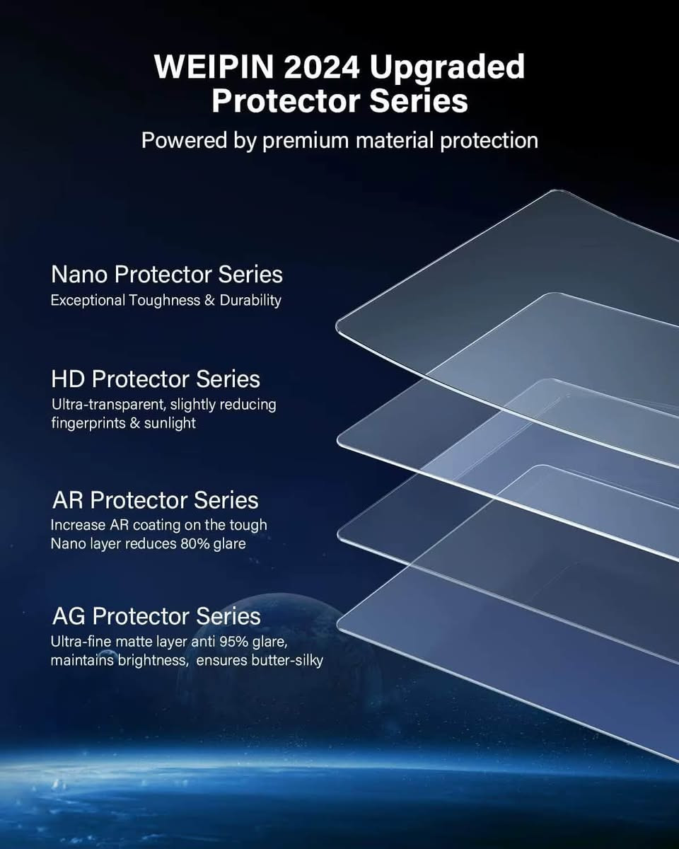 🚗 شاشة حماية زجاجية (WEIPIN Protector Series) لشاشة سيارة فورد مافريك 8 بوصة 🚗
احمِ شاشة سيارتك بأعلى درجات الأمان والوضوح! ✨

🔹 المواصفات والمميزات:
• التوافق: مخصصة بشكل كامل (100% Full Screen Fit) لشاشة سيارات Ford Maverick المقاس 8 بوصة.
مودل. 2022 —2025
• صلابة عالية (9H Hardness): حماية فائقة ضد الصدمات، الخدوش اليومية، وحتى خدوش أظافر 
الحيوانات الأليفة.

• تقنية منع الانعكاس والبصمات: مطلية بطبقة (AF) ومزودة بتقنيات (AR/AG) لتقليل انعكاس الضوء بنسبة تصل إلى 95% ومقاومة البصمات واللطخات.

• استجابة لمس فائقة ناعمة جداً في اللمس مع حواف منحنية (2.5D Arc Edge) غير حادة ومقاومة للكسر.

• وضوح متكامل (HD/Ultra-Transparent): تضمن الرؤية الواضحة والألوان الأصلية للشاشة دون أي تأثير على الجودة.  

💰 السعر: [15 الف]

📞 للتواصل والطلب: يرجى المراسلة على الخاص أو الاتصال برقم الهاتف: [***********]

تتوفر خدمة توصيل 🚚

نص مكتوب في الصور:
- WEIPIN 2024 Upgraded Protector Series Powered by premium material protection Nano Protector Series Exceptional Toughness & Durability HD Protector Series Ultra-transparent, slightly reducing fingerprints & sunlight AR Protector Series Increase AR coating on the tough Nano layer reduces 80% glare AG Protector Series Ultra-fine matte layer anti 95% glare, maintains brightness, ensures butter-silky
- 9H HARDNESS FULL PROTECTION
- Shielded from daily scratches and impacts
- Anti-impact
- Anti-scratche
- SENSITIVE TOUCH FEEDBACK AF vacuum electroplating coating, smooth to the touch Anti-fingerprint Anti-Smudge Sources FM Direct Tune 96.3 WDVD The Parlotones - I Alive 88.7 93.1 96.3 100. Audio Phone Apps 3:00 80°
- A 2.5D Seamless Fit Invisible Screen Protector Full Coverage & Shatterproof Edges 100% Full Screen Fit