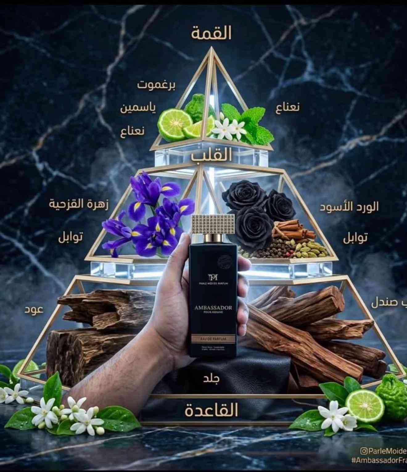 عطر امبسدور بور هوم (Ambassador Pour Homme) من دار العطور Parle Moi de Parfum. نوع العطر: عطر خشبي - زهري - مسك مخصص للرجال. مقدمة العطر: الخزامى (اللافندر)، البرغموت، والنعناع. قلب العطر: الياسمين، الورد، زهور إبرة الراعي، وزهر البرتقال. قاعدة العطر: أخشاب الأرز، طحلب البلوط (الأواكموس)، المسك، والعنبر. يتوفر توصيل 5 الاف لجميع المحافظات 🚕 فحص الطلب بوجود المندوب   للحجز والاستفسار تواصلوا معنا عبر الخاص او على رقم الواتساب *********** 📲

نص مكتوب في الصور:
- القمة برغموت ياسمين نعناع نعناع القلب زهرة القزحية توابل الورد الأسود توابل عود صندل جلد القاعدة ParleMoide #AmbassadorFra