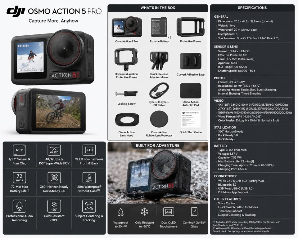 السلام عليكم كامرة dji osmo action5 bro للبيع مستخدمة قليل جدا جدا جدا
 سبب البيع :  عدم الحاجة
 المواصفات والملحقات مذكورة بصورة وهية بعد معروفة الكامرة
السعر: 500 الف 🔒 
التواصل : واتساب ***********

نص مكتوب في الصور:
- DJI OSMO ACTION 5 PRO Capture More. Anyhow WHAT'S IN THE BOX Osmo Action 5 Pro Extreme Battery x 3 Protective Frame Horizontal-Vertical Protective Frame Quick-Release Adapter Mount Curved Adhesive Base Locking Screw Type-C to Type-C PD Cable Osmo Action Anti-Slip Pad Osmo Action Lens Hood Osmo Action Rubber Lens Protector Quick Start Guide 1/1.3" 1/1.3" Sensor & 4nm Chip 4K 4K/120fps & 155° Super-Wide FOV OLED OLED Touchscreens Front & Back 72 mins 72-Min Max Battery Life[1] 360° HorizonSteady RockSteady 3.0 20m 20m Waterproof without Case[2] Professional Audio Recording Cold Resistant -20°C Subject Centering & Tracking BUILT FOR ADVENTURE Waterproof to 20m[2] Cold Resistant to -20°C Dual OLED Touchscreens Corning® Gorilla® Glass SPECIFICATIONS GENERAL Dimensions: 70.5 x 44.2 x 32.8 mm (LxWxH) Weight: 146 g Waterproof: 20 m without case Microphones: 3 Touchscreens: Dual OLED (Front 1.46", Rear 2.5") SENSOR & LENS Sensor: 1/1.3-inch CMOS Effective Pixels: 40 MP Lens: FOV 155° (Ultra-Wide) Aperture: f/2.8 ISO Range: 100-51200 Shutter Speed: 1/8000 - 30 s PHOTO Format: JPEG / RAW Resolution: 40 MP (7296 x 5472) Shooting Modes: Single Shot, Burst Shooting, Interval Shooting, Timed Shooting VIDEO 4K (16:9): 3840x2160 @ 24/25/30/48/50/60/100/120fps 2.7K (16:9): 2688x1512 @ 24/25/30/48/50/60/100/120fps 1080P (16:9): 1920x1080 @ 24/25/30/48/50/60/100/120/240fps Video Format: MP4 (H.264 / H.265) Color Modes: D-Log M / 10-bit & Normal / 8-bit STABILIZATION 360° HorizonSteady RockSteady 3.0 RockSteady+ BATTERY Type: Li-ion 1950 mAh Voltage: 3.87 V Capacity: 7.55 Wh Max Battery Life: 72 mins[1] Charging Time: Approx. 90 mins (0-100%) Charging Port: USB-C CONNECTIVITY Wi-Fi: 2.4/5 GHz 802.11 a/b/g/n/ac Bluetooth: 5.2 USB Port: USB-C (USB 3.0) DJI Mimo App Support OTHER FEATURES Voice Control Quick Switch Button for Modes Timecode Support Subject Centering & Tracking [1] Tested at 25°C while recording 1080p/24fps (16:9) video with RockSteady on and Wi-Fi off. [2] Waterproof to 20 meters without the waterproof case. Do not use in hot springs or extreme environments.