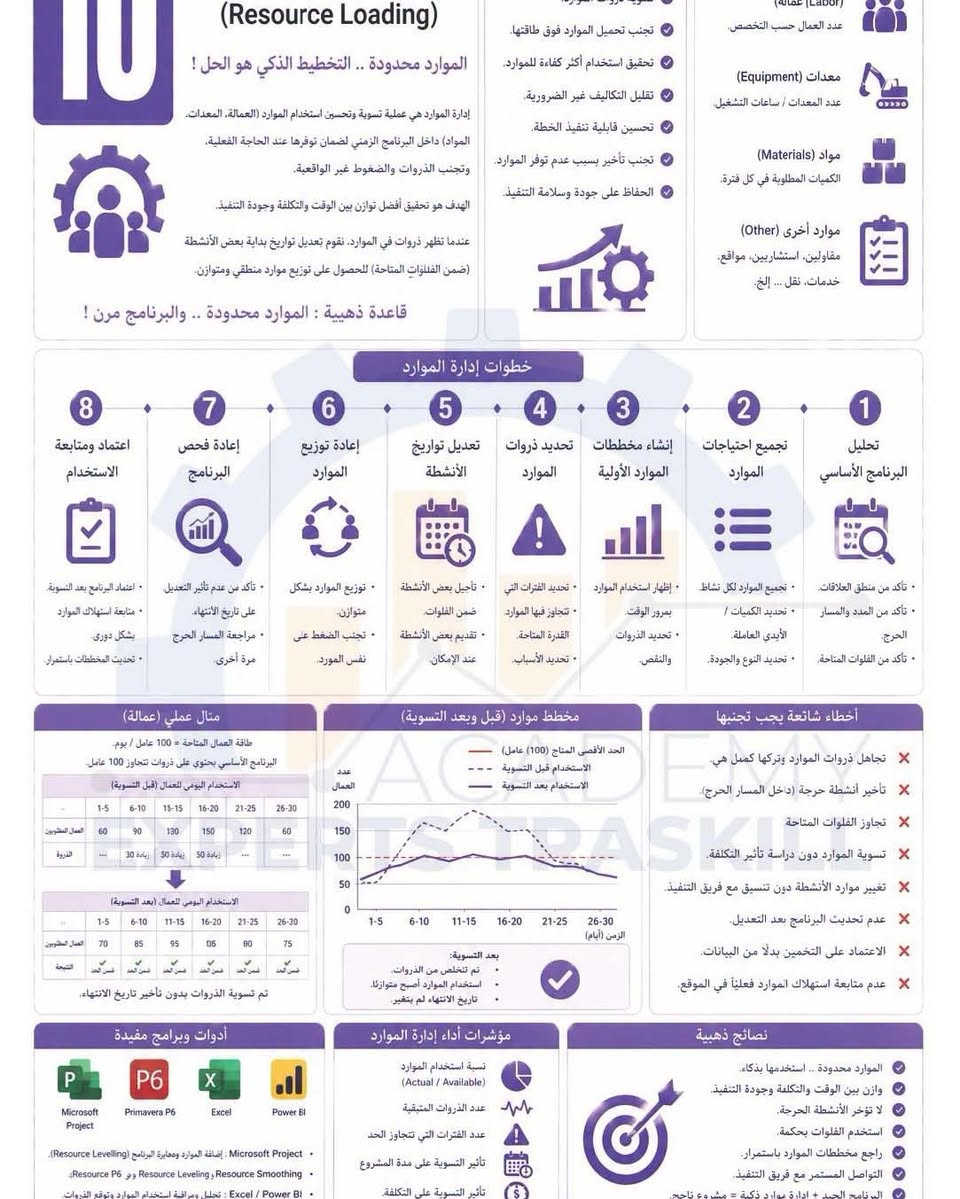 أهم 50 نقطة تهمك لو شغال في إدارة مشروعات Project Management
تم وسيصلك الملف بصيغة PDF 

#Experts_Traskill
#experts_traskill
#experts_traskill_academy

نص مكتوب في الصور:
- Strategic Plan Lookahead Schedule Daily / Weekly Work Plan متى نستخدمه؟ قبل بدء فترة التنفيذ القريبة. عند تحديث البرنامج أسبوعياً. لاكتشاف المعوقات وحلها مبكراً. لضمان توفر جميع المتطلبات. تفصيل الأنشطة القادمة القابلة للتنفيذ. تحديد المتطلبات قبل التنفيذ. التأكد من جاهزية الموقع والموارد. اكتشاف المعوقات مبكراً وإزالتها. ربط بين الـ Baseline والـ Daily Plan يتم تحديثه بشكل دوري (أسبوعي). يزيد الإنتاجية ويقلل إعادة العمل. 03 (أسبوعين / 3 أسابيع) رقم خطط قصير المدى .. نفذ بدقة .. أنجز بنجاح الـ Lookahead Schedule هو خطة تفصيلية للأنشطة التي ستنفذ خلال فترة زمنية قريبة (عادة أسبوعين أو 3 أسابيع). يربط بين البرنامج الزمني والخطة اليومية ويساعد في التأكد من أن كل ما هو مطلوب متوفر قبل التنفيذ (Materials, Manpower Equipment, Drawings, Approvals). كلما كان Lookahead دقيق ومحدد .. كلما زادت فرص النجاح وقلت المشاكل والتأخيرات في الموقع. قاعدة ذهبية : ما تخطط له اليوم .. تنفذه بكفاءة عدداً. خطوات إعداد Lookahead Schedule 1 تحديد فترة Lookahead اختر الفترة المناسبة (أسبوعين أو 3 أسابيع). تتوافق مع دورة لاكتشاف الأسبوعي. 2 استخراج الأنشطة من البرنامج اختر الأنشطة المخططة ضمن الفترة القادمة. من الـ Baseline Schedule. 3 تحليل قابلية التنفيذ هل الأنشطة قابلة للتنفيذ ؟ ما المتطلبات اللازمة ؟ ما المعوقات المحتملة ؟ 4 تحديد المتطلبات (5M) Material (المواد) Manpower (العمالة) Machinery (المعدات) Method (الطريقة) Money (الاعتمادات) 5 تحديد المعوقات وإزالتها اجتماع Lookahead مع جميع المعنيين. تحديد المعوقات تسجيلها. تحديد مسؤول وحل لكل معوق. 6 مراجعة المعوقات القابلة للتنفيذ بعد إزالة المعوقات تعتمد الأنشطة. تصبح جاهزة للانتقال إلى خطة الأسبوع. 7 تحديث ومتابعة أسبوعياً تحديث Lookahead كل أسبوع. إضافة أنشطة جديدة وحذف المنجزة. 8 ربطها بالخطة اليومية الأنشطة المعتمدة تتحول إلى خطة الأسبوع / اليوم. يراقب التنفيذ والإنجاز. مثال عملي (مشروع مبنى) فترة الـ Lookahead : من 01/06/2024 إلى 14/06/2024 تاريخ إعداد الخطة : 30/05/2024 آخر تحديث : 06/06/2024 ID النشاط تاريخ البداية تاريخ النهاية المخطط المخطط مسؤول حالة التنفيذ المعوقات الإجراء المطلوب A101 صب أعمدة حديدة الأعمدة 03/06 03/06 م أحمد قابلة للتنفيذ لا يوجد A102 صب أعمدة الدور الأول 05/06 05/06 م محمد قابلة للتنفيذ توفر القوائم غير توفر قبل 02/06 A103 عزل ماتي الأسطح 06/06 06/06 م خالد غير قابلة للتنفيذ مخططات المخططات اعتماد المخططات تصل قبل 06/06 A104 مباني حوائط الدور الأول 09/06 12/06 م علي قابلة للتنفيذ لا يوجد A105 كهرباء تمديدات الدور الأول 13/06 13/06 م سعيد غير قابلة للتنفيذ مواد كهرباء توريد المواد لم تصل قبل 10/06 قابلة للتنفيذ غير قابلة للتنفيذ تحت المراجعة. Excel Template (مثال مبسط) ID Activity Start Finish Duration (Days) Predecessor Status Constraint Issue Action By Due Date 1 Activity A 01/06 03/06 3 2 Activity B 04/06 05/06 2 1 Formwork Site Eng. 02/06 3 Activity C 06/06 08/06 3 2 Drawings Design Mgr. 05/06 4 Activity D 09/06 12/06 4 3 5 Activity E 13/06 14/06 2 4 Materials Proc. Eng. 10/06 قابلية المراجعة غير قابلة للتنفيذ تعليقة للتنفيذ تسلسل زمني (Gantt) 01 02 03 04 05 06 ***********2 13 14 A 2 3 4 5 أخطاء شائعة يجب تجنبها إعداد Lookahead دون تحديث أسبوعي. اختيار فترة طويلة جداً (أكثر من 3 أسابيع). عدم مشاركة جميع الجهات المعنية. عدم إزالة المعوقات في الوقت المناسب. تحويل Lookahead إلى خطة يومية مباشرة. إدراج أنشطة غير قابلة للتنفيذ. عدم تحديث حالة الأنشطة بوضوح. الاعتماد على التقديرات فقط بدون تحقق. إهمال ربطه بالبرنامج الأساسي (Baseline). عدم توثيق الاجتماع والإجراءات. نصائح ذهبية اجعل فترة الـ Lookahead قصيرة وواقعية. ركز على إزالة المعوقات قبل التنفيذ. اجتمع أسبوعيا مع جميع المعنيين. وثق كل معوق ومسؤول وحل وتاريخ استحقاق. الأنشطة المعتمدة فقط هي التي تدخل خطة الأسبوع. تابع التنفيذ يومياً وعدل عند الحاجة. أدوات وبرامج مفيدة Microsoft Project Primavera P6 Excel Miro MS Planner Excel : لمتابعة أنشطة الـ Lookahead بسهولة.
- 07 (Delay Analysis) اعرف السبب .. اثبت الأثر .. احمي حقك
- تحليل التأخيرات هو عملية منهجية لتحديد أسباب التأخير في المشروع، وتحديد الأنشطة التأثرة، وحساب مدة التأخير القابلة للمطالبة؛ (Excusable Delay)
- مع توثيق كل الأدلة، لإثبات الأثر على المسار الحرج وتاريخ الانتهاء.
- يهدف التحليل إلى دعم المطالبات (Claims) والحصول على تمديد للمدة (EOT)
- أو تعويض مالي، ويجب أن يكون التحليل موضوعي، علمي، وقابل للدفاع عنه.
- قاعدة ذهبية : لا يوجد تأخير بدون سبب .. ولا مطالبة بدون إثبات.
- مدفوعات، تسليم موقع).
- تأخر توريد المواد والمعدات.
- تاخر المقاولين الآخرين.
- تغيرات في نطاق العمل.
- ظروف قاهرة (Force Majeure).
- أسباب من المقاول (غير قابلة للمطالبة).
- تحديد سبب التأخير الرئيسي، التكلفة، مدة التأخير
- تحديد الأنشطة المتأثرة ومدة التأثير.
- حساب التأخير على المسار الحرج.
- تحديد التأخير القable للمطالبة.
- إثبات الأثر وإعداد تقارير قوية.
- دعم المطالبات والحصول على EOT
- أو تعويض مالي.
- خطوات تحليل التأخيرات
- 1 جمع البيانات والمستندات
- • البرنامج الزمني الأصلي (Baseline)
- • التحديثات المعتمدة.
- • تقارير الموقع اليومية.
- • المراسلات والمخاطبات.
- • أوامر التغيير والموافقات.
- 2 تحديد الحدث المسبب للتأخير
- • تحديد الحدث بدقة.
- • تحديد تاريخ البداية
- وانهاية.
- • تحديد الجهة المسؤولة.
- 3 تحديد الأنشطة المتأثرة
- • تحديد الأنشطة التي
- تأثرت بالحدث.
- • تحديد العلاقات بينها.
- • تحديد التأثير المباشر
- والغير مباشر.
- 4 تحليل الأثر على المسار الحرج
- • إعادة جدولة المشروع مع
- الحدث (As-Built)
- • مقارنة مع البرنامج
- الأصلي (Baseline)
- • تحديد التأثير على
- المسار الحرج
- 5 حساب مدة التأخير القابلة للمطالبة
- • حساب مدة التأخير.
- • استبعاد أي تأخير متزامن
- (Concurrent Delay)
- • تحديد التأخير الصافي
- القابل للمطالبة.
- 6 تحديد نوع التأخير
- • قابل للمطالبة (Excusable)
- • غير قابل للمطالبة
- (Non-Excusable)
- • مشترك (Concurrent).
- 7 إعداد تقرير التحليل
- • عرض الحدث وأسبابه.
- • عرض التحليل والنتائج.
- • الجداول والرسومات.
- • الاستنتاج والتوصية.
- 8 مراجعة وتقديم المطالبة
- • مراجعة داخلية.
- • تسليم التقرير للمالك
- في الوقت المحدد.
- • متابعة الردود والمفاوضات.
- أخطاء شائعة يجب تجنبها
- X عدم توثيق الحدث لحظة حدوثه.
- X تحديد سبب غير صحيح أو غير واضح.
- X عدم تحديد الأنشطة المتأثرة بدقة.
- X إهمال التأخيرات المتزامن
- X تحليل بدون بيانات ومستندات كافية.
- X إعداد تقرير غير منطقي أو غير منظم.
- X تأخير تقديم التحليل بعد انتهاء الحدث.
- X استخدام برنامج زمني غير معتمد للمقارنة.
- أدوات التحليل المستخدمة
- Primavera P6 لإعادة الجدولة والمقارنات.
- Microsoft Excel للتحليل والجداول الحسابية.
- Tilos للتحليل الزمني الاحترافي.
- Asta Powerproject للتحليل البصري والبياني.
- مثال عملي (مشروع حقيقي)
- الحدث : تأخر توريد الحديد من قبل المورد المعتمد
- الفترة : من 01/03/2024 إلى 20/03/2024 (20 يوم)
- تأثر : أعمال تسليح القواعد والأعمدة بالدور الأرضي
- مدة التأخير الإجمالية: 20 يوم
- مدة التأخير المتزامن من المقاول: 5 يوم
- مدة التأخير القابلة للمطالبة: 15 يوم
- التأثير على المسار الحرج: نعم
- نوع التأخير: قابل للمطالبة
- المطالبة: تمديد مدة (15 يوم)
- ملاحظة : تم دعم التحليل بكل المستندات والمراسلات وتقارير الموقع.
- نصائح ذهبية
- وثق كل شيء .. لا تكتفي بالكلام.
- كن موضوعي وشفاف في التحليل.
- ركز على الحقائق والأدلة.
- استخدم الرسومات والجداول لدعم تحليلك.
- قدم تقارير واضحة ومختصرة ومقنعة.
- التوقيت المناسب لتقديم التحليل مهم جداً.
- المطالبة القوية - تحل ا قوة + توثيق قوي
- متوفرة بصغة Word & Excel قابلة للتعديل.
- نماذج وتقارير جاهزة
- نموذج تقرير تحليل التأخيرات
- نموذج حساب مدة التأخير
- نموذج تحليل الأثر
- نموذج تسجيل الحدث
- 10 (Resource Loading) الموارد محدودة .. التخطيط الذكي هو الحل ! إدارة الموارد هي عملية تسوية وتحسين استخدام الموارد (العمالة، المعدات، المواد) داخل البرنامج الزمني لضمان توفرها عند الحاجة الفعلية. وتجنب الذروات والضغوط غير الواقعية. الهدف هو تحقيق أفضل توازن بين الوقت والتكلفة وجودة التنفيذ. عندما تظهر ذروات في الموارد، نقوم تعديل تواريخ بداية بعض الأنشطة ضمن الفلوات المتاحة) للحصول على توزيع مورد منطقي ومتوازن. قاعدة ذهبية : الموارد محدودة .. والبرنامج مرن ! خطوات إدارة الموارد تحليل البرنامج الأساسي 1 تجميع احتياجات الموارد 2 إنشاء مخططات الموارد الأولية 3 تحديد ذروات الموارد 4 تعديل تواريخ الأنشطة 5 إعادة توزيع الموارد 6 إعادة فحص البرنامج 7 اعتماد ومتابعة الاستخدام 8 أخطاء شائعة يجب تجنبها تجاهل ذروات الموارد وتركها كعمل هي. تأخير أنشطة حرجة داخل المسار الحرجة. تجاوز الفلوات المتاحة. تسوية الموارد دون دراسة تأثير التكلفة. تغيير موارد الأنشطة دون تنسيق مع فريق التنفيذ. عدم تحديث البرنامج بعد التعديل. الاعتماد على التخمين بدلاً من البيانات. عدم متابعة استهلاك اموارد فعلياً في الموقع. مخطط موارد (قبل وبعد التسوية) الحد الأقصى المتاح (100) عامل) الاستخدام قبل التسوية الاستخدام بعد التسوية الزمن (أيام) بعد التسوية: تم التخلص من الذروات. استخدام الموارد أصبح متوازنا. تاريخ الانتهاء، لم يتغير. مثال عملي (عمالة) طاقة العمال المتاحة = 100 عامل / يوم. البرنامج الأساسي يحتوي على ذروات تتجاوز 100 عامل الاستخدام اليومي للعمال (قبل التسوية) 1-5 6-10 11-15 16-20 21-25 26-30 العمال المطلوبون 60 90 130 150 120 60 الذروة --- زيادة 50 زيادة 50 زيادة 50 --- الاستخدام اليومي للعمال (بعد التسوية) 1-5 6-10 11-15 16-20 21-25 26-30 العمال المطلوبون 70 85 95 115 90 75 الذروة --- --- --- --- --- تم تسوية الذروات بدون تأخير تاريخ الانتهاء. نصائح ذهبية الموارد محدودة .. استخدمها بذكاء. وازن بين الوقت والتكلفة وجودة التنفيذ. لا تؤخر الأنشطة الحرجة. استخدم الفلوات بحكمة. راجع مخططات الموارد باستمرار. التواصل المستمر مع فريق التنفيذ. البرنامج الجيد + أدارة موارد ذكية = مشروع ناجح مؤشرات أداء إدارة الموارد نسبة استخدام الموارد (Actual / Available) عدد الذروات المتبقية عدد الفترات التي تتجاوز الحد تأثير التسوية على مدة المشروع تأثير التسوية على التكلفة. أدوات وبرامج مفيدة Microsoft Project Primavera P6 Excel Power BI Microsoft Project : إضافة الموارد ومعارية البرنامج (Resource Levelling) Primavera P6 و Resource Leveling و Resource P6 Excel / Power BI : تحليل ، مراقبة استخدام الموارد وتوقع الذروات.
- 08 (Recovery Plan) لحق التأخير .. واستعد السيطرة على المشروع خطة التسريع هي مجموعة من الإجراءات والبدائل العملية التي تهدف إلى استعادة المسار الزمني للمشروع بعد حدوث تأخير، والعودة إلى تاريخ الانتهاء الأصلي قدر الإمكان. تركز الخطة على الأنشطة الحرجة والمتأخرة فقط لتحقيق أكبر تأثير بأقل تكلفة وفي أقل وقت. قاعدة ذهبية : سرع الصح .. مش سرع كله ! خطوات إعداد خطة التسريع 1 تحليل الوضع الحالي 2 تحديد الأنشطة المتأثرة 3 تحديد بدائل التسريع 4 تقييم البدائل 5 تطبيق خطة التسريع 6 متابعة التنفيذ 7 قياس فعالية الخطة 8 التوثيق والتقرير أخطاء شائعة يجب تجنبها تسريع كل الأنشطة وليس الحرجة فقط. اختيار بدائل تسريع بدون دراسة. عدم حساب التكلفة الإضافية بدقة. تجاهل المخاطر الناتجة عن التسريع. عدم تنسيق الموارد والمقاولين. ضعف المتابعة اليومية. تغيير الخطة بدون تحليل وتأثير. عدم توثيق قرارات التسريع. الاعتماد على الوعود فقط. عدم إشراك أصحاب المصلحة في الخطة. نموذج خطة التسريع (Template) مثال عملي (من مشروع حقيقي) نصائح ذهبية أدوات وبرامج مفيدة تقنيات تسريع فعالة
- (Progress Update)
- 06
- خطة حية .. تحديث مستمر .. تحكم أفضل
- تحديث البرنامج الزمني هو عملية مستمرة تهدف إلى مقارنة
- ما تم تنفيذه فعليا بما كان مخططا له، وتحديث حالة الأنشطة
- والمدة والموارد وفقا للواقع في الموقع.
- يساعد التحديث الدوري على معرفة أداء المشروع بدقة،
- اكتشاف الانحرافات مبكرا، واتخاذ قرارات تصحيحية في الوقت المناسب.
- بدون تحديث منتظم، يصبح البرنامج الزمني غير موثوق
- وتفقد قدرته على دعم إدارة المشروع
- قاعدة ذهبية : ما لا يتم قياسه لا يمكن إدارته.
- مقارنة المخطط مع الواقع.
- تحديد الانحرافات تأخير / تقدم).
- تحديد المدة المتبقية وأنواعها.
- تحديث الموارد والتكاليف.
- تحديد المسار الحرج.
- دعم اتخاذ القرار وخطة التعافي.
- توفير معلومات دقيقة للإدارة.
- غير
- منفذ
- NT
- لم يبدأ بعد.
- جار
- تنفيذ
- IP
- بدأ التنفيذ
- ولم يكتمل.
- مكتمل
- CP
- تم الانتهاء
- .%100 من
- ملغي
- CAN
- تم إلغاء
- النشاط.
- معلق
- HLD
- تم إيقافه
- مؤقتا.
- ملاحظة : يجب توثيق سبب الإيقاف أو الإلغاء.
- خطوات تحديث البرنامج الزمني
- (1)
- جمع البيانات
- من الموقع
- (2)
- تحديث حالة
- الأنشطة
- (3)
- تحديث المدد
- المتقدمة
- (4)
- تحديث الموارد
- والتكاليف
- (5)
- حساب الانحرافات
- (Variance)
- (6)
- تحديث المسار
- الحرج
- (7)
- تحليل الأداء
- (EVM)
- (8)
- إصدار تقرير
- التحديث
- . تقارير يومية وأسبوعية.
- . نسب الإنجاز الفعلية.
- . صور وتقارير الموقع.
- . تحديث نسبة الإنجاز.
- . تغيير حالة النشاط.
- (NT, IP, CP, HLD, CAN)
- . تحديث تاريخ البدء،
- . والانتهاء الفعلي.
- . تحديث المدة المقتضية.
- . تحديث المدة المتبقية.
- . تحديث المدة الكلية،
- إذا لزم الأمر.
- . تحديث الموارد الفعلية.
- . تحديث التكاليف الفعلية.
- . مقارنة مخطط vs فعلي .
- . انحراف المدة (SV).
- . انحراف التكلفة (CV).
- . تحليل أسباب الانحراف.
- . إعادة حساب CPM.
- . تحديد المسار الحرج
- الجديد.
- . تحديث ال Float .
- . EV, PV, AC حساب .
- SPI, CPI حساب .
- . تحديد اتجاه الأداء.
- . ملخص الأداء.
- . الانحرافات والأسباب.
- . التوصيات والإجراءات.
- . خطة المتابعة.
- X عدم تحديث البرنامج بانتظام.
- X تحديث التواريخ فقط بدون نسب إنجاز.
- X تقدير نسب الإنجاز غير دقيقة.
- X عدم تحديث المدد المتبقية.
- X تجاهل تحديث الموارد والتكاليف.
- X عدم تحليل الانحرافات وأسبابها.
- X عدم تحديث المسار الحرج.
- X تعديل المخطط الأصلي بدلا من تحديثه.
- X الاعتماد على ذاكرة أو تقديرات غير موثوقة.
- X عدم إصدار تقارير واضحة للإدارة.
- )Excel Template( مثال
- Status
- Comp.
- Remaining
- Actual
- Planned
- ID
- Activity
- Start
- Finish
- Dur.
- Start Finish
- 100%
- 0
- 5
- 06/05
- 01/05
- أعمال الحفر
- A100
- 40%
- 6
- 9
- 14/05
- 15
- 20/05
- أعمال الخرسانة
- A101
- 0%
- 21/05
- أعمال العزل
- A102
- 12
- 10/06 26/05
- أعمال البلاك
- A103
- 10
- 20/06
- 11/06
- أعمال اللياسة
- A104
- ملخص الأداء
- القيمة
- المؤشر
- 0.57
- EV / PV
- SPI
- 0.73
- EV / AC
- CPI
- - 1,370,000
- BAC / CPI
- - 570,000
- EAC - AC
- - 170,000
- BAC - EAC
- النتيجة
- أداء زمني ضعيف
- أداء تكلفة ضعيف
- تكلفة نهائية متوقعة
- تكلفة مبدئية متوقعة
- تجاوز في التكلفة
- مثال عملي (مشروع مبنى إداري)
- النشاط : أعمال الخرسانة للدور الأول
- المخطط : من 01/061 إلى 20/05 (20 يوم)
- نسبة التقدم المخططة حتى 14/05 = 70%
- الواقع في 14/04 = 40% فقط.
- الانحراف
- فعلي
- مخطط
- البند
- -30%
- 40
- 70
- % الإنجاز
- -30,000
- 40,000
- (EV (القيمة المكتسبة
- 70,000
- PV (القيمة المخططة
- +5,000
- 55,000
- 60,000
- AC (التكلفة الفعلية
- (EV-PV)
- (SV انحراف المدة
- -15,000
- (EV-AC)
- CV (انحراف التكلفة
- (EV/PV)
- (EV/AC)
- النتيجة : المشروع متأخر عن المخطط بـ 30 في المدة.
- الإجراء : وضع خطة تعافي (Recovery Plan).
- حدث البرنامج أسبوعياً على الأقل.
- اجمع بيانات دقيقة من المصدر.
- قارن دائما (مخطط vs فعلي).
- حلل الانحرافات ليس الأرقام فقط.
- شارك التحديث مع الفريق والإدارة.
- وثق جميع التغييرات والأسباب.
- استخدم التحديث لدعم قرارك القادم.
- أدوات وبرامج مفيدة
- P
- Microsoft
- Project
- P6
- Primavera
- X
- Excel
- Power BI
- MS Planner
- Excel : مناسب للتحديث البسيط والتقارير.
- Primavera P6 : للتحديث المتقدم وتحليل الأداء.