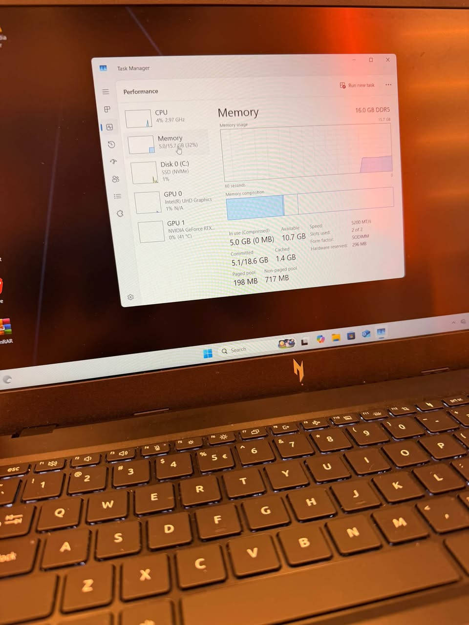 Acer Nitro V15 
لابتوب كيمنك نظافة ١٠٠٪؜ 
Cpu: core i7 13620H
RAM: 16G DDR5 5200
SSD: NVMe 512G 
GPU: RTX 4060 8G VRam 

نظافة ١٠٠٪؜ استخدامي بسيط الها بدون العاب 
مكاني بغداد 
***********

نص مكتوب في الصور:
- Task Manager
- Performance
- CPU
- 2% 3.00 GHz
- Memory
- 5.0/15.7 GB (32%)
- Disk 0 (C:)
- SSD (NVMe)
- 5%
- GPU 0
- Intel(R) UHD Graphics
- 0% N/A
- GPU 1
- NVIDIA GeForce RTX...
- 0% (41 °C)
- % Utilization
- 13th Gen Intel(R) Core(TM) i7-13620H
- 100%
- Percentage of time the disk is
- processing read or write requests
- 60 seconds
- Utilization
- 2%
- Speed
- 3.00 GHz
- Base speed:
- Sockets:
- Cores:
- Logical processors:
- Virtualization:
- L1 cache:
- L2 cache:
- L3 cache:
- 2.40 GHz
- 1
- 10
- 16
- Enabled
- 864 KB
- 9.5 MB
- 24.0 MB
- Processes
- 187
- Threads
- 3322
- Handles
- 87173
- Up time
- 0:00:00:48
- Run new task
- Search
- Task Manager Performance Run new task CPU 0% 2.66 GHz Memory 5.0/15.7 GB (32%) Disk 0 (C:) SSD (NVMe) 0% GPU 0 Intel(R) UHD Graphics 0% N/A GPU 1 NVIDIA GeForce RTX... 0% (41 °C) Disk 0 (C:) NVMe WD PC SN740 SDDQNQD-512G-1014 Active time 100% 60 seconds Disk transfer rate 60 seconds Active time 0% Average response time 1.3 ms Read speed 16.3 KB/s Write speed 36.7 KB/s Capacity 477 GB Formatted 477 GB System disk Yes Page file Yes Type SSD (NVMe) Search
- Task Manager Performance Run new task CPU 1% 3.25 GHz Memory 5.0/15.7 GB (32%) Disk 0 (C:) SSD (NVMe) 0% GPU 0 Intel(R) UHD Graphics 0% N/A GPU 1 NVIDIA GeForce RTX... 0% (41 °C) GPU NVIDIA GeForce RTX 4060 Laptop GPU 3D 0% Copy 0% Video Encode 0% Video Decode 0% Dedicated GPU memory 8.0 GB Shared GPU memory 7.9 GB Utilization Dedicated GPU memory Driver version: Search
- NET9.GG