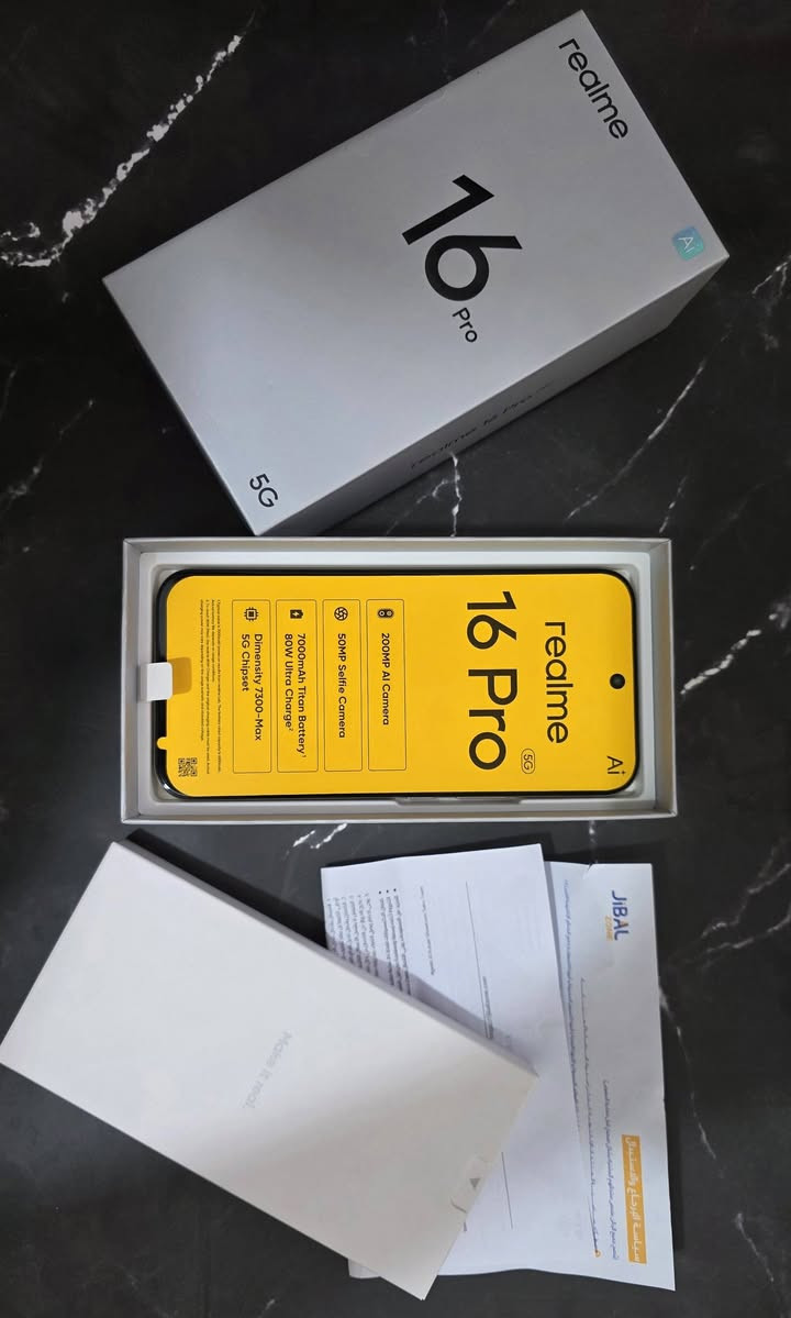 Realme 16 Pro 5G
الكامره : خلفية مزدوجة 200 م.ب / امامية 50 م.ب.
معالج :ثماني النواة Dimensity 7300 Max 
الشاشة : 6.78 بوصة بدقة 1272x2772 
نظام : التشغيل: اندرويد 16
البطارية: 7000 مللي أمبير
جهاز مقاوم للصدمات والماء المعيار عسكري
جهاز جديد فقط مفتوح الكرتون ضمان جبال
للاتصال *********** السعر 600 بغداد
