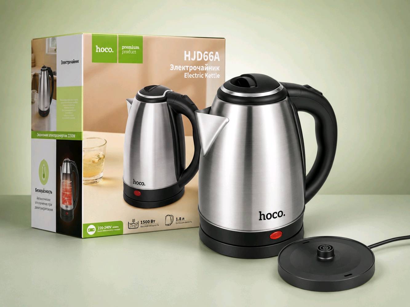 جهاز hoco HJD66A هو عبارة عن غلاية كهربائية (Electric Kettle) مخصصة لتسخين المياه وتحضير المشروبات الساخنة بسرعة وكفاءة عالية. 

المواصفات الفنية المعتمدة 
hoco HJD66A Electric Kettle:
السعة الاستيعابية: تبلغ سعتها 1.8 لتر، وهي كمية كافية ومناسبة للاستخدام العائلي أو المكتبي.
القدرة الكهربائية: تعمل بقوة 1500 واط لضمان غليان سريع للمياه خلال دقائق قليلة (حوالي 5 إلى 6 دقائق).
الجهد الكهربائي: متوافقة مع الأنظمة المنزلية القياسية بجهد 220–240 فولت وتردد 50 هرتز.
مواد التصنيع: الهيكل مصنوع من مزيج من الفولاذ المقاوم للصدأ (Stainless Steel) مع البلاستيك المقوى (PP) لحماية اليدين من الحرارة.
مزايا الأمان: تدعم نظام الفصل التلقائي الذكي عند وصول الماء لدرجة الغليان، بالإضافة إلى الحماية التلقائية من الحرارة الزائدة والتسخين الجاف.
الأبعاد والوزن: الأبعاد التقريبية للهيكل هي 240 × 146 × 210 ملم، بوزن خفيف يقارب 585 غراماً، ومزودة بسلك طاقة بطول 60 سم.