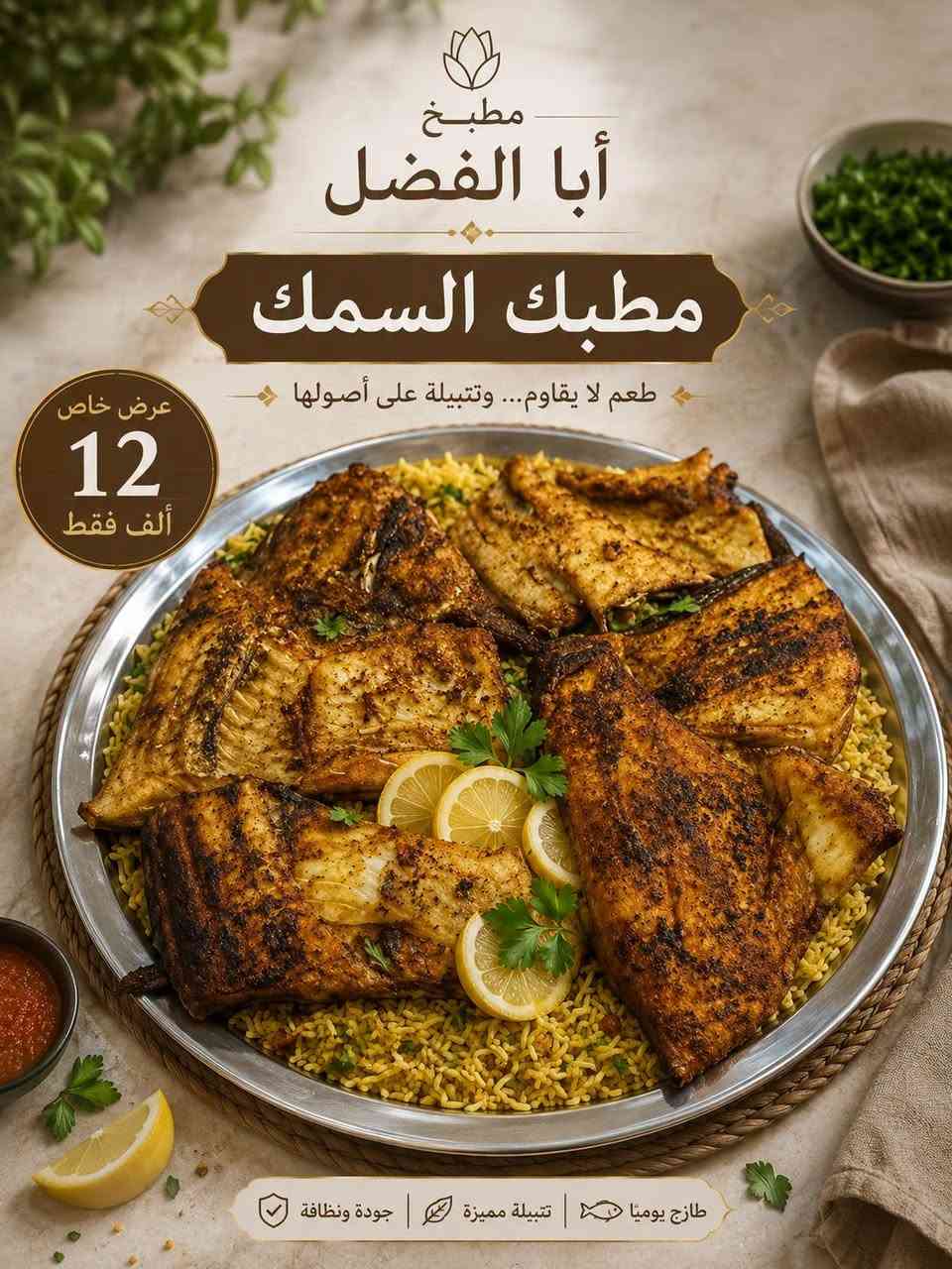 كلشي متوفر بمطبخ ابا مطبخ أبا الفضل  
يوجد توصيل داخل نجف وكوفه الحجز واتساب ***********

نص مكتوب في الصور:
- مطبخ أبا الفضل عرض المقلوبه دجاجه كامله بسعر 14 الف فقط طعم لا يقاوم دجاجه كامله جودة وأصل اطلب الأن واستمتع بالطعم الأصيل
- مطبخ أبا الفضل مطبك السمك طعم لا يقاوم... وتتبيلة على أصولها عرض خاص 12 ألف فقط طازج يوميًا | تتبيلة مميزة | جودة ونظافة