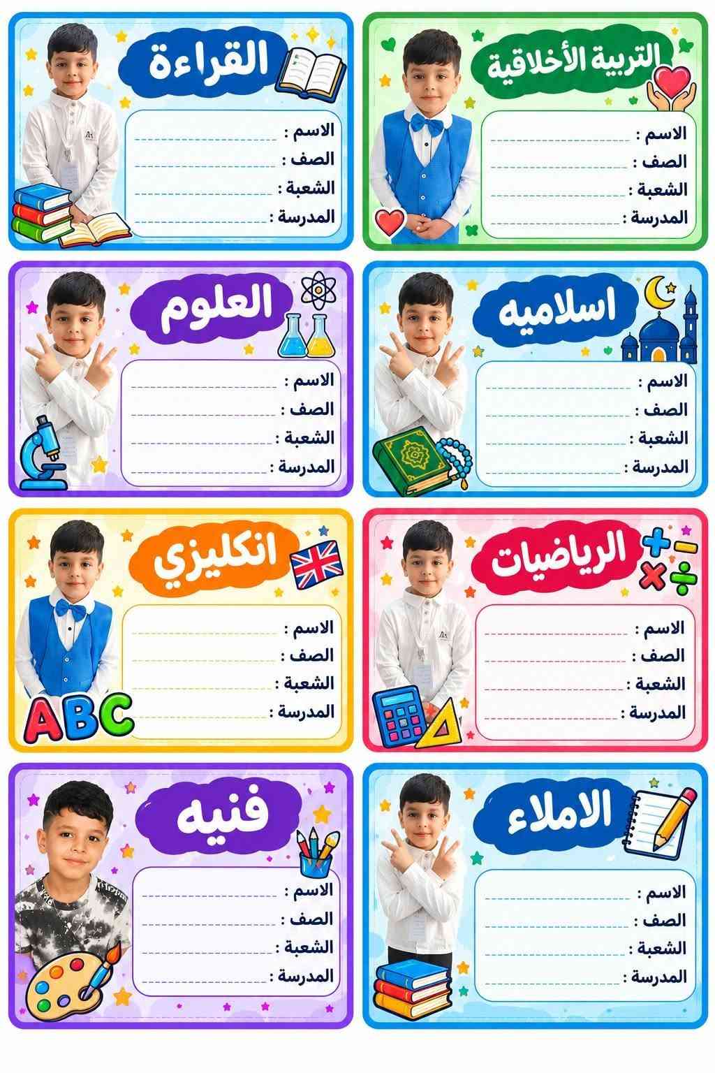 طباعه حسب الطلب 
طـبآعهہ‏‏ آ بآحدث آلطـرق گآدر نسـآئيـﮯ للتوآصـل ع آلوآتسـآيـﮯ  ✨***********✨ تصميم مجاني 🌹🌺

نص مكتوب في الصور:
- زينب
- سعد
- اللغة العربية
- الرياضيات
- العلوم
- الانكليزي
- أحلم .. أتعلم .. أحقق
- القراءة
- الاسم :
- الصف :
- الشعبة :
- المدرسة :
- التربية الأخلاقية
- اسلاميه
- انكليزي
- فنيه
- الاملاء