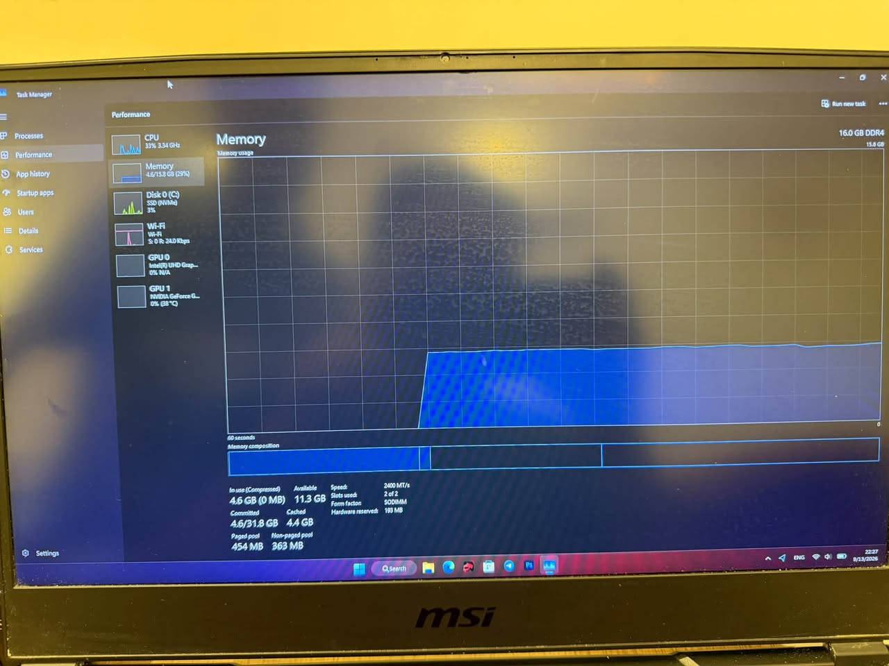 السلام عليكم 
لابتوب msi
المعالج: core i5 جيل تاسع
كارت شاشة: gtx1650
الهارد: ssd 500Gb
الرام: 16 Gb
البطارية شحنها ممتاز 
الشاشة: 144 Hzلكن فيها نقطة وردية في الوسط متبين الا على الشاشة السوداء 
السعر 500 الف 
للتواصل واتس اب : ***********

نص مكتوب في الصور:
- Task Manager Performance CPU 42% 3.14 GHz Memory 4.6/15.8 GB (29%) Disk 0 (C:) SSD (NVMe) 52% Wi-Fi Wi-Fi 2 (5.0 GHz): 312 Mbps GPU 0 Intel(R) UHD Graphics 0% 10 A GPU 1 NVIDIA GeForce G... 0% 38 °C GPU NVIDIA GeForce GTX 1650 3D 0% 0% Copy Video Encode Video Decode Dedicated GPU memory 0% 0.0/4.0 GB Shared GPU memory 0.0/11.9 GB 0.0/7.9 GB Temperature 38 °C Driver version Driver date DirectX version Physical location PCI bus 1, device 0, function 0 Hardware reserved memory 181 MB 22:27 8/13/2023
- Task Manager Performance CPU Memory Disk 0 (C:) Wi-Fi GPU 0 GPU 1 Processes Performance App history Startup apps Users Details Services NVIDIA GeForce GTX 1650 0% Run new task 5% 1.07 GHz 4.5/15.8 GB (28%) 0% S:0 R: 32.0 KBps 1% N/A 0% (38 °C) GPU 3D 0% Copy 0% Video Encode 0% Video Decode 0% Dedicated GPU memory Shared GPU memory 4.0 GB 7.9 GB Utilization 0% GPU Memory 0.0/11.9 GB Dedicated GPU memory 0.0/4.0 GB Shared GPU memory 0.0/7.9 GB Temperature 38 °C Driver version: 32.0.16.1692 Driver date: 9/4/2026 DirectX version: 12 (FL 12.1) Physical location: PCI bus 1, device 0, function 0 Hardware reserved memory: 161 MB Settings Search ENG 22:27 9/13/2026
- Task Manager
- Performance
- CPU
- 33% 3.34 GHz
- Memory
- 16.0 GB (29%)
- Disk 0 (C:)
- SSD (NVMe)
- 3%
- Wi-Fi
- S: 0 R: 24.0 Kbps
- GPU 0
- Intel(R) UHD Grap...
- 0% N/A
- GPU 1
- NVIDIA GeForce G...
- 0% (38 °C)
- Memory usage
- 60 seconds
- Memory composition
- In use (Compressed)
- 4.6 GB (0 MB)
- Committed
- 4.6/31.8 GB
- Paged pool
- 454 MB
- Available
- 11.3 GB
- Cached
- 4.4 GB
- Non-paged pool
- 363 MB
- Speed:
- Slots used:
- Form factor:
- Hardware reserved:
- 2400 MT/s
- 2 of 2
- SODIMM
- 193 MB
- 16.0 GB DDR4
- 15.8 GB
- 22:27
- 9/13/2026
- Processes
- App history
- Startup apps
- Users
- Details
- Services
- 5% 1.91 GHz
- 4.5/15.8 GB (28%)
- 5%
- 0 R: 0 T: 0 Kbps
- 4.5 GB (22.3 MB)
- SO-DIMM
- 4.6 GB
- Hardware reserved: 199 MB
- 401 MB
- 365 MB
- Settings
- Search
- msi
- steelseries
- GEFORCE
- GTX