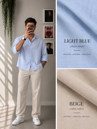 نساعدك تكون بكامل اناقتك✨  نص مكتوب في الصور: - LIGHT BLUE LINEN SHIRT...