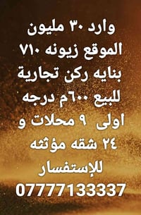 لا توجد تفاصيل  نص مكتوب في الصور: - وارد ٣٠ مليون - الموقع زيونه ٧١٠ ...