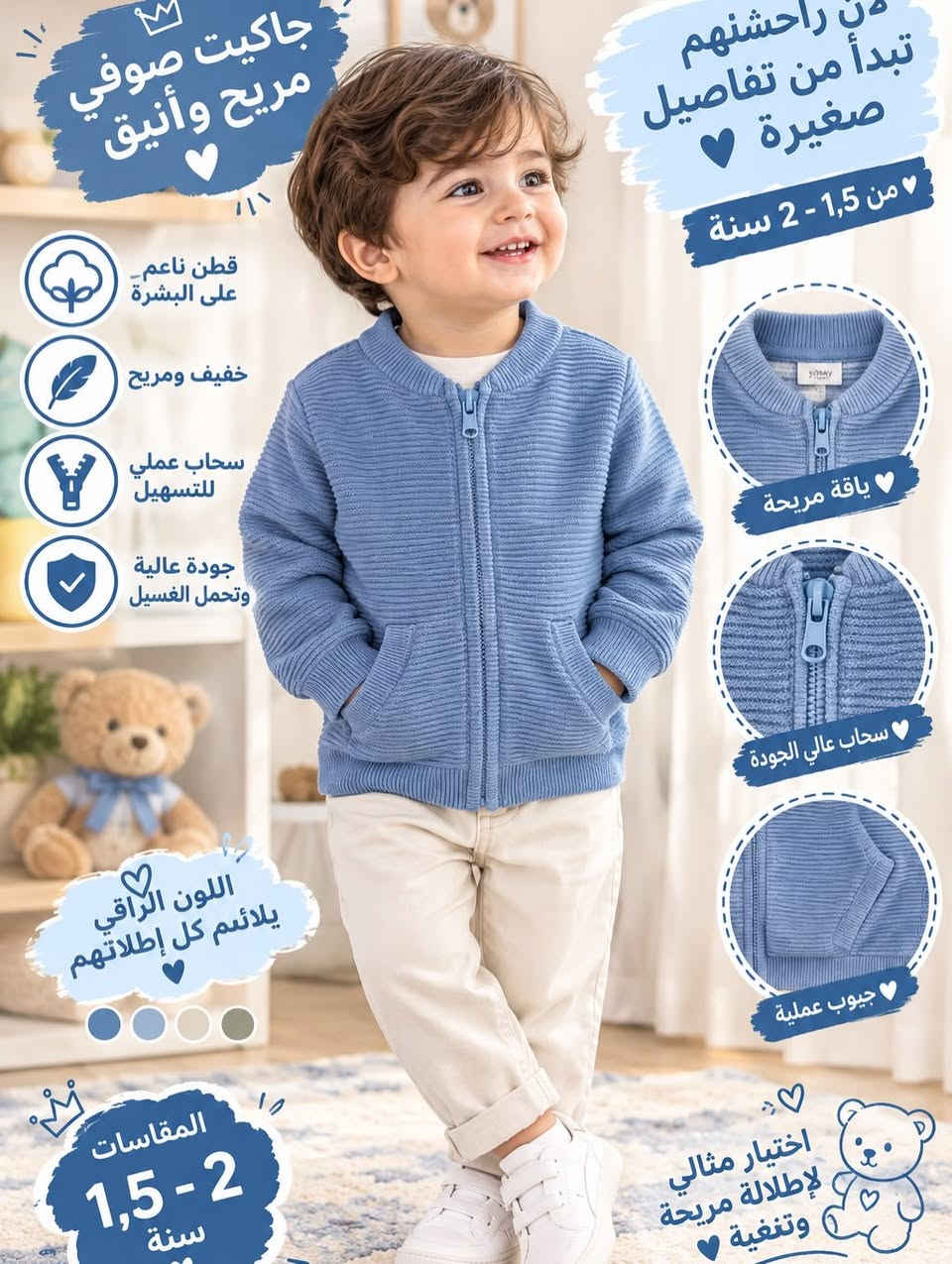 ملابس اطفال 
من ماركة سنساي الهولندية
توصيل لكافة محافظات
***********
العنوان / كركوك/ داقوق/ مقابل عيادة دكتورة ابتسام

نص مكتوب في الصور:
- راحة وأناقة لصغيرك طقم أنيق وشييلك من 9 - 12 شهر قماش ناعم على البشرة خفيف ومريح سحاب عملي للتسههيل جودة عالية وتحمل الغسيل ياقة أنيقة خصر مريح تفصيل أنيق المقاسات 9 - 12 شهر إطلالة مميزة لأجمل لحظاتك
- راحة وأناقة لصغيرك قطن ناعم على البشرة خفيف ومريح قابل للتهوية ويمنع التعرق جودة عالية وتحمل الغسيل سويت شيرت بصممة لطيفة من 2 - 3 سنوات أزرار كتف عملية طبعة دب لطيفة أساور مريحة اختيار مثالي لكل يوم المقاسات 3 - 2 سنوات
- راحة وأناقة لصغيرك كوميليزيون ناعم بأكمام طويلة من 1,5 - 2 سنة قطن ناعم على البشرة خفيف ومريح قابل للتمدد ويمنع التعرق جودة عالية وتحمل الغسيل ياقة مريحة رسمة مميزة أكمام وأرجل مريحة اختيار مثالي لكل يوم المقاسات 1,5-2 سنة
- جاكيت صوفي مريح وأنيق
- قطن ناعم على البشرة
- خفيف ومريح
- سحاب عملي للتسهيل
- جودة عالية وتحمل الغسيل
- اللون الراقي يلائم كل إطلاتهم
- المقاسات 1,5 - 2 سنة
- اختيار مثالي لإطلالة مريحة وتنغية
- جيوب عملية
- سحاب عالي الجودة
- ياقة مريحة
- من 1,5 - 2 سنة
- راحةنهم تبدأ من تفاصيل صغيرة
- راحة وأناقة لصغارك
- تصميم عصري وجميل
- ألوان مميزة وإطلالة أجمل
- المقاسات 3 - 2 سنوات
- لأن راجته تهمنا
- بنطلون أطفال ناعم ومريح
- 3 - 2 سنوات
- قماش قطني ناعم على البشرة
- خصر مرن مع رباط مريح
- مناسب للحركة واللعب اليومي
- خصر مرن مع رباط
- تفاصيل مميزة