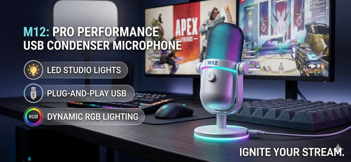 متوفر مايكات ب3 أنواع
للتواصل خاص او واتساب ***********

نص مكتوب في الصور:
- UNLEASH YOUR VOICE. PROFESSIONAL STUDIO BUNDLE BM-800 SERIES COMPATIBLE HIGH-SENSITIVITY DIAPHRAGM ADVANCED NOISE REDUCTION PLUG & PLAY WITH AUDIO INTERFACE
- M12: PRO PERFORMANCE USB CONDENSER MICROPHONE LED STUDIO LIGHTS PLUG-AND-PLAY USB DYNAMIC RGB LIGHTING IGNITE YOUR STREAM.
- IGNITE YOUR VOICE. With Integrated RGB Studio Lighting. AURA SOUND LED lights USB Port AURA M9 RGB USB MICROPHONE Available in: Black | White | Pink