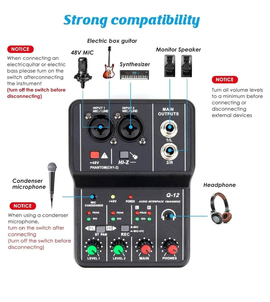 مكسر صوت صغير مع قطعه irig للتسجيل
متوفر مكسر صوت صغير مع قطعه irig للبيع بسعر 30الف تواصل خاص او عبر الواتساب ***********

نص مكتوب في الصور:
- Professional recording and arrangement audio interface
- Suit - Recording studio/Personal studio
- --household
- --business
- Vocal Recording Music Recording Network Karaoke Asmr Fabrication
- Strong compatibility Electric box guitar 48V MIC Synthesizer Monitor Speaker NOTICE When connecting an electricquitar or electric bass please turn on the switch afterconnecting the instrument (turn off the switch before disconnecting) INPUT 1 MIC / LINE INPUT 2 MIC / LINE MAIN OUTPUTS 1/L 2/R +48V PHANTOM (CH1-2) HI-Z NOTICE Turn all volume levels to a minimum before connecting or disconnecting external devices Condenser microphone NOTICE When using a condenser microphone, turn on the switch after connecting (turn off the switch before disconnecting) Q-12 AUDIO INTERFACE 16bit/48KHZ MIC CONDENSER PEAK SIG 1L 2R ST PAN REC MIC MIC+PC LEVEL 1 LEVEL 2 MAIN PHONES Headphone