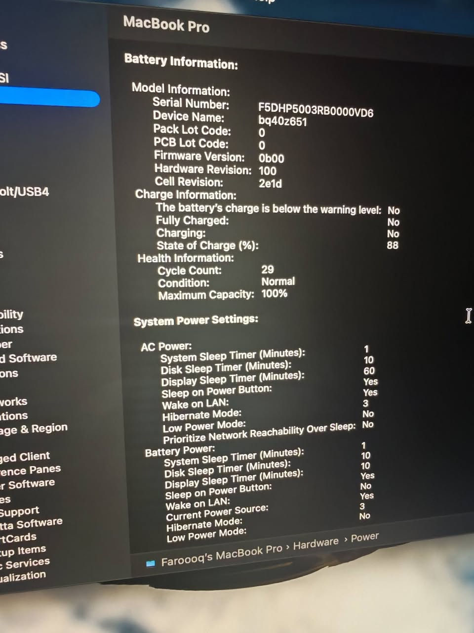 Macbook pro 14 m5 (٢,٤٠٠,٠٠٠ ) 
مواصفات:
شريحة m5
رام 16
تخزين 512
بطارية 100٪
عدد دورات 29
شاشة ١٤ انج
استعمال ٤ اشهر نظافة كاملة ماكو خدش الضمان بعد بي ٨ اشهر اخذته من menacom وصل الشراء موجود
مكاني بغداد حي الحسين
***********

نص مكتوب في الصور:
- MacBook Pro
- 14-inch, M5
- Chip Apple M5
- Memory 16 GB
- Serial number J7FPN9QK99
- macOS Golden Gate 27.0
- More Info...
- Regulatory Certification
- TM and (c) 1983-2026 Apple Inc.
- All Rights Reserved.
- MacBook Pro Battery Information: Model Information: Serial Number: F5DHP5003RB0000VD6 Device Name: bq40z651 Pack Lot Code: 0 PCB Lot Code: 0 Firmware Version: 0b00 Hardware Revision: 100 Cell Revision: 2e1d Charge Information: The battery's charge is below the warning level: No Fully Charged: No Charging: No State of Charge (%): 88 Health Information: Cycle Count: 29 Condition: Normal Maximum Capacity: 100% System Power Settings: AC Power: System Sleep Timer (Minutes): 1 Disk Sleep Timer (Minutes): 10 Display Sleep Timer (Minutes): 60 Sleep on Power Button: Yes Wake on LAN: Yes Hibernate Mode: 3 Low Power Mode: No Prioritize Network Reachability Over Sleep: No Battery Power: System Sleep Timer (Minutes): 1 Disk Sleep Timer (Minutes): 10 Display Sleep Timer (Minutes): 10 Sleep on Power Button: Yes Wake on LAN: No Current Power Source: Yes Hibernate Mode: 3 Low Power Mode: No Faroooq's MacBook Pro > Hardware > Power