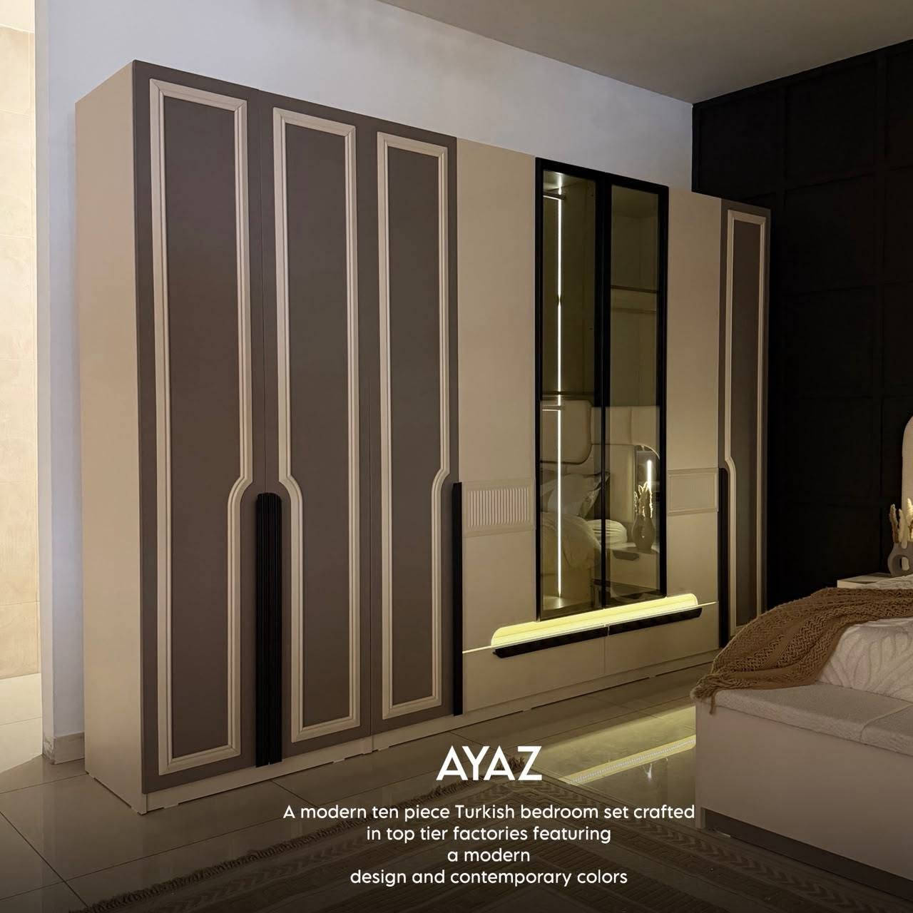 تم وصول موديل اياز 10 قطع  
10قطعة 
سرير خزان 
برغي حديد 
قياسات الدولاب 240/262/55
دولاب اضافي 240/88/55
كومدي عدد 2 ‘’55/135/40
ارتفاع السرير 200/180/135
ميز تواليت 173/132/41
درور .88/55/40
شازلونك 
مراية طويلة 
بوف
سكة ثلاث مراحل 
(قياسات مختلفة عن جميع البضاعة لي موجودة بسوق)
بسعر مليون و800   ناصريه قلعه سكر قرب سعيد يداوم  جعفر النجار  *********** ***********

نص مكتوب في الصور:
- AYAZ A modern ten piece Turkish bedroom set crafted in top tier factories featuring a modern design and contemporary colors
- AYAZ
- A modern ten piece Turkish bedroom set crafted
- in top tier factories featuring
- a modern
- design and contemporary colors