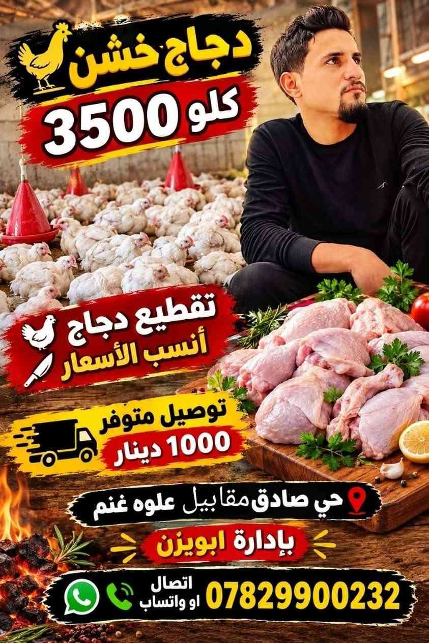 اللهم صلي ع محمد وال محمد
( ارضيناك فتحدت عنا وان لم نرضيك فتحدت الينا)

جميع الوزان موجوده سعر الكيلو ٣٥٠٠  ذبح وتنظيف مجاني

تقطيع دجاج  موجود فخذ   4 صدر 4 خدمة توصيل موجوده داخل الدوايه 1000

 سمك شوي +دجاج شوي  للحجز مراسله او انتصال ***********  العنوان دوايه مقابيل علوة الغنم ع شارع

نص مكتوب في الصور:
- دجاج خشن كيلو 3500 تقطيع دجاج أنسب الأسعار توصيل متوفر 1000 دينار حي صادق مقابيل علوه غنم بإدارة ابويزن اتصال *********** او واتساب